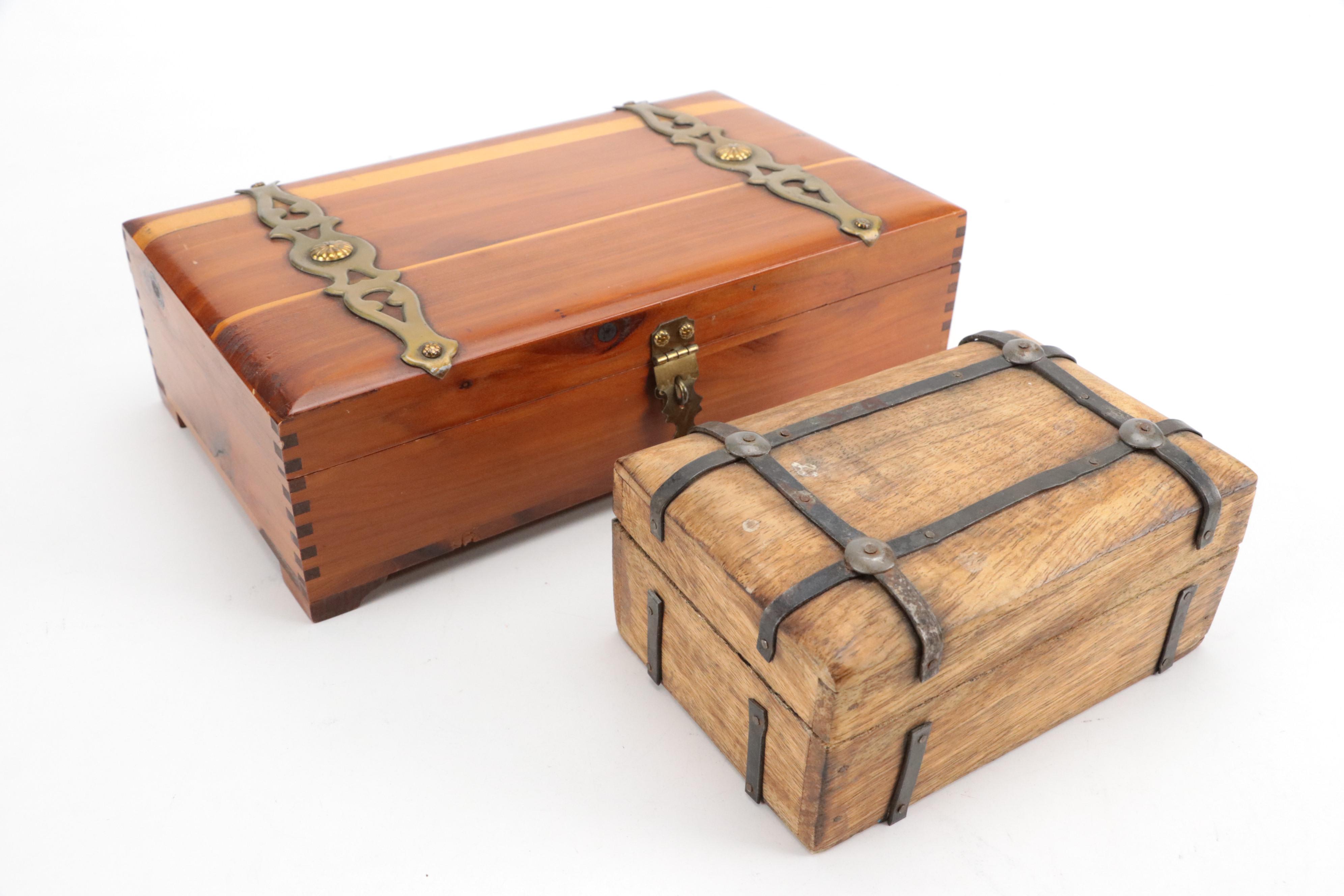 Roatan Parquetry Wood Centerpiece Bowl with Shoe Stretchers, Metal Bound Boxes