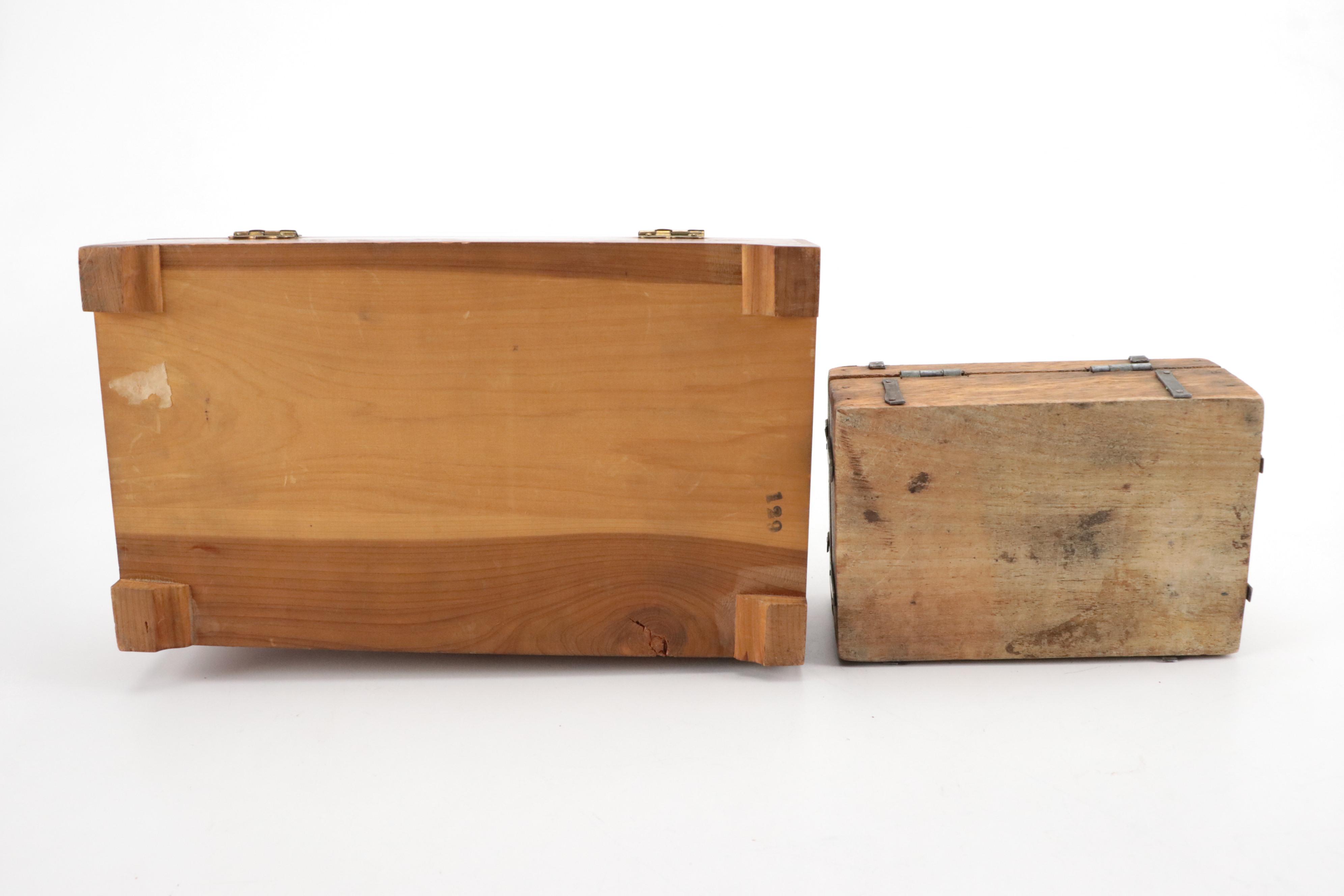 Roatan Parquetry Wood Centerpiece Bowl with Shoe Stretchers, Metal Bound Boxes