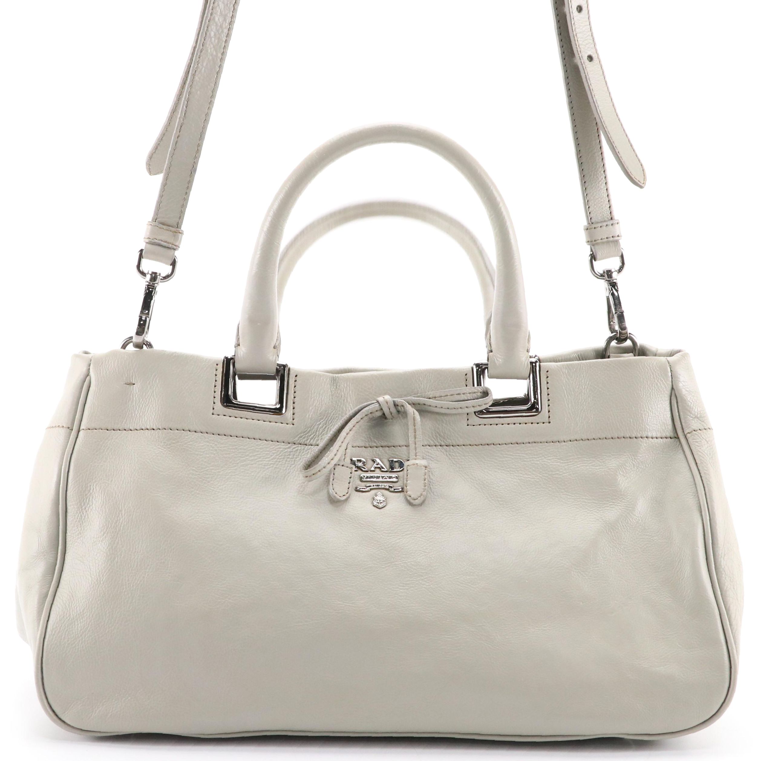 Prada Two-Way Bow Shopper Tote in Grey Calfskin Leather