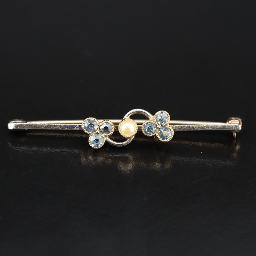 10K Seed Pearl and Aquamarine Clover Bar Brooch with Platinum Top