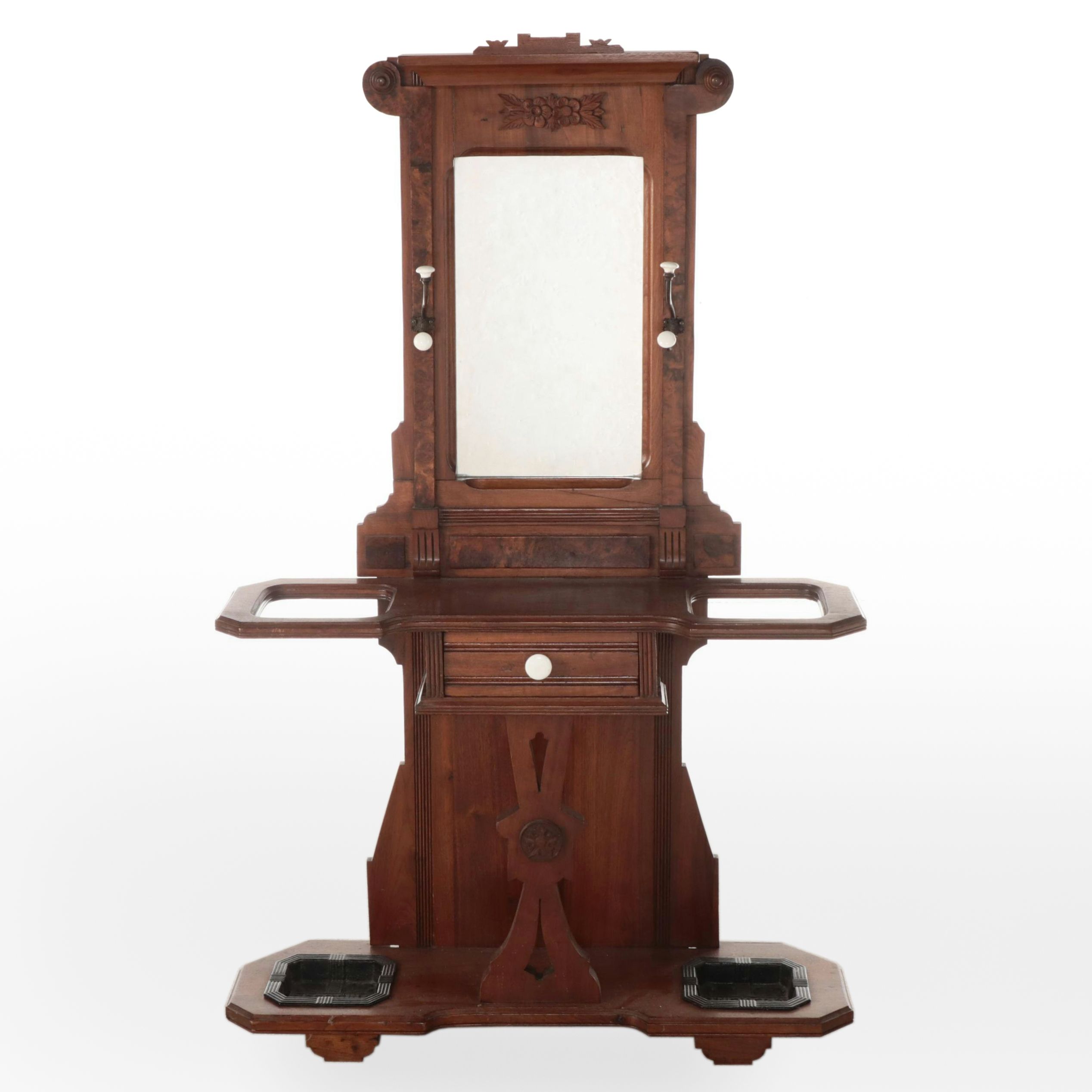 Victorian Eastlake Style Walnut and Burl Hall Tree