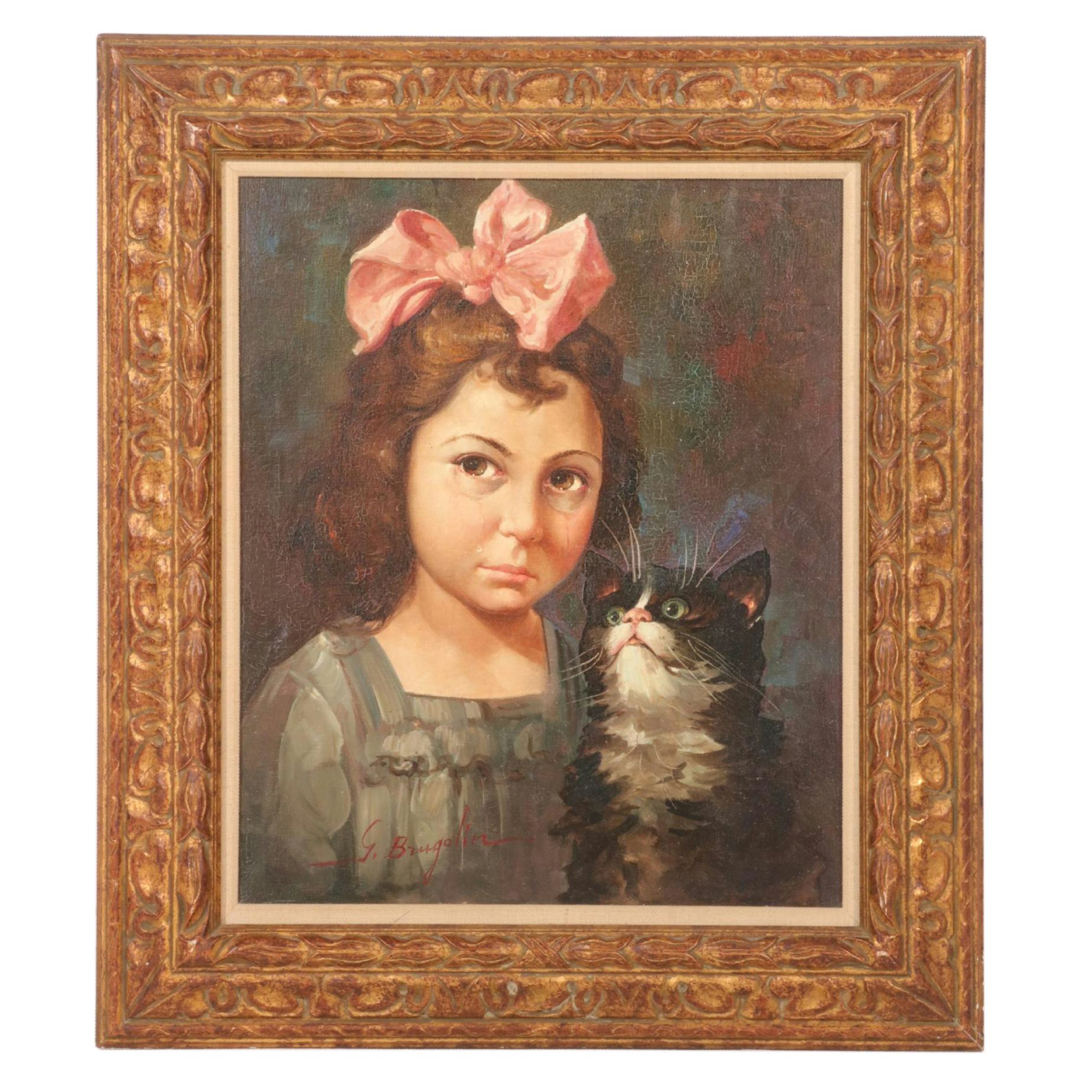 Giovanni Bragolin Portrait Oil Painting of Crying Child With Cat, Mid-20th C.