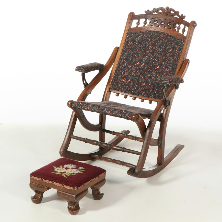 Victorian Eastlake Folding Rocking Chair and Needlepoint Covered Footstool