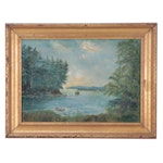 Naive Lake Landscape Oil Painting, 1924