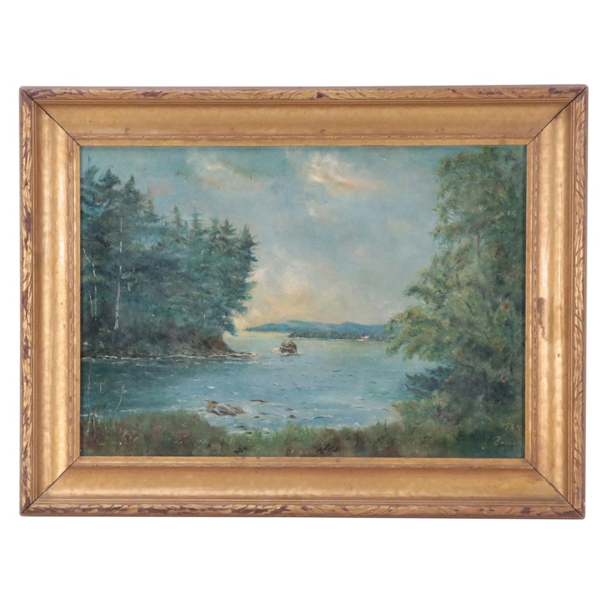 Naive Lake Landscape Oil Painting, 1924