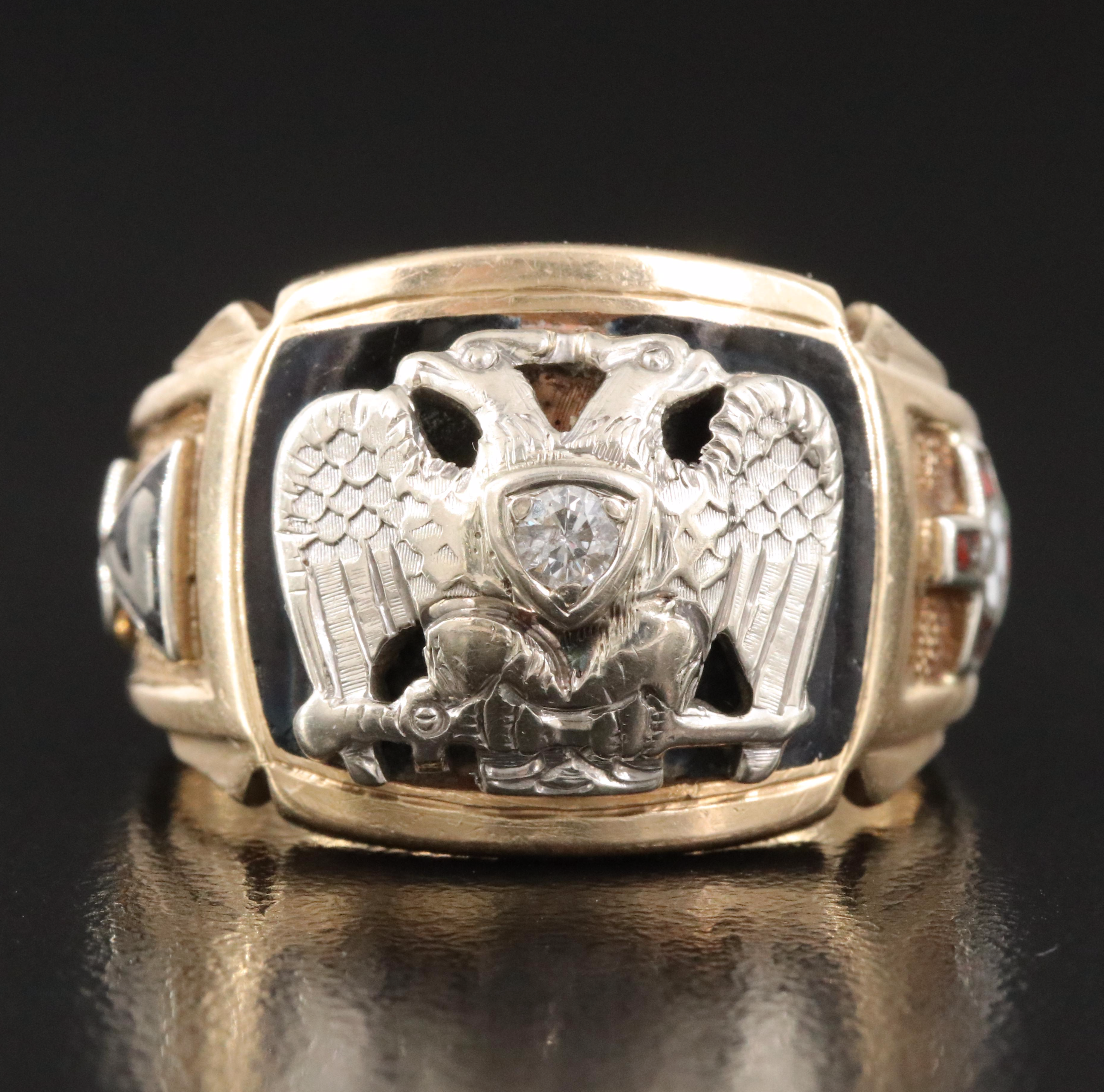 Vintage 14K 0.08 CT Diamond 32nd Degree Scottish Rite Freemason Ring