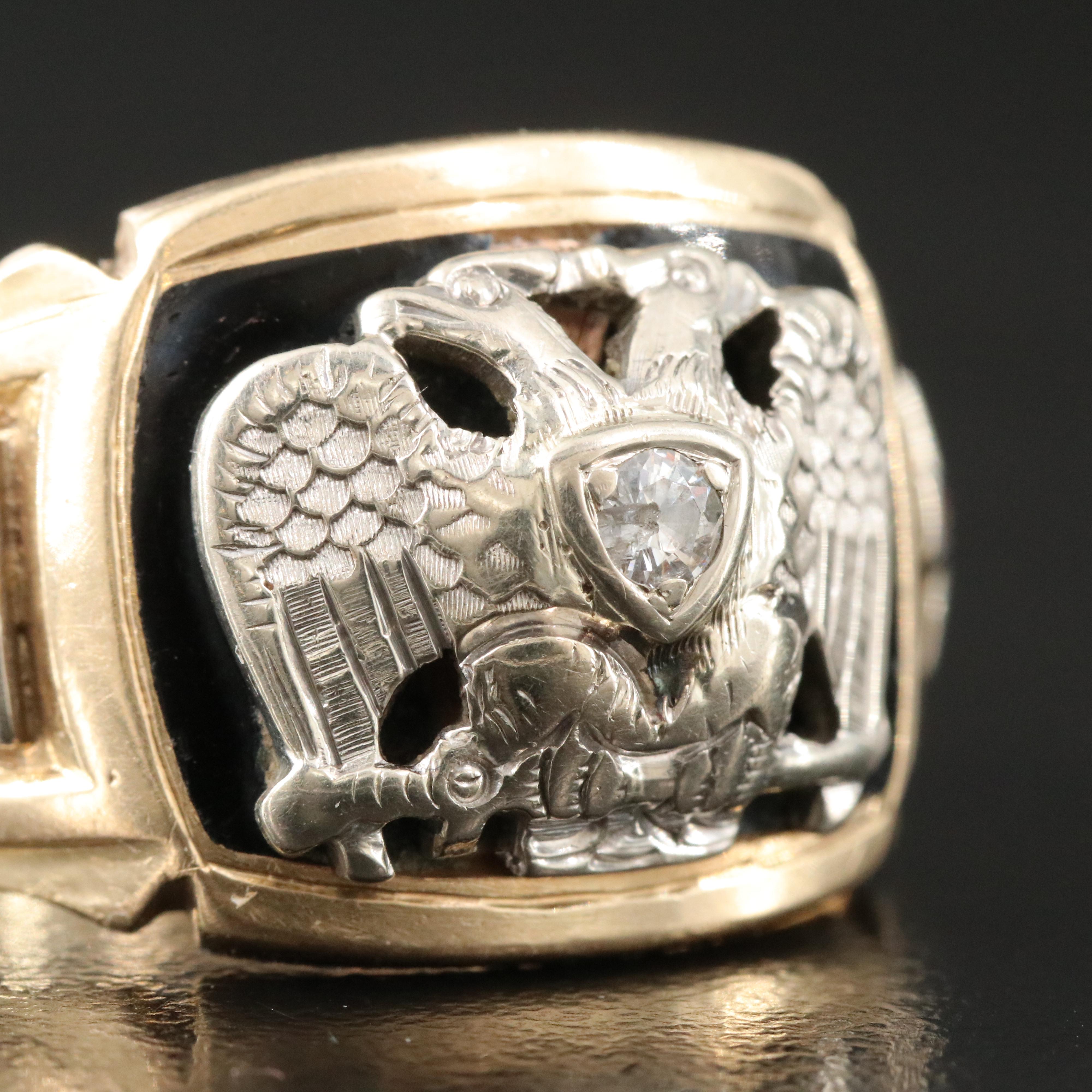 Vintage 14K 0.08 CT Diamond 32nd Degree Scottish Rite Freemason Ring