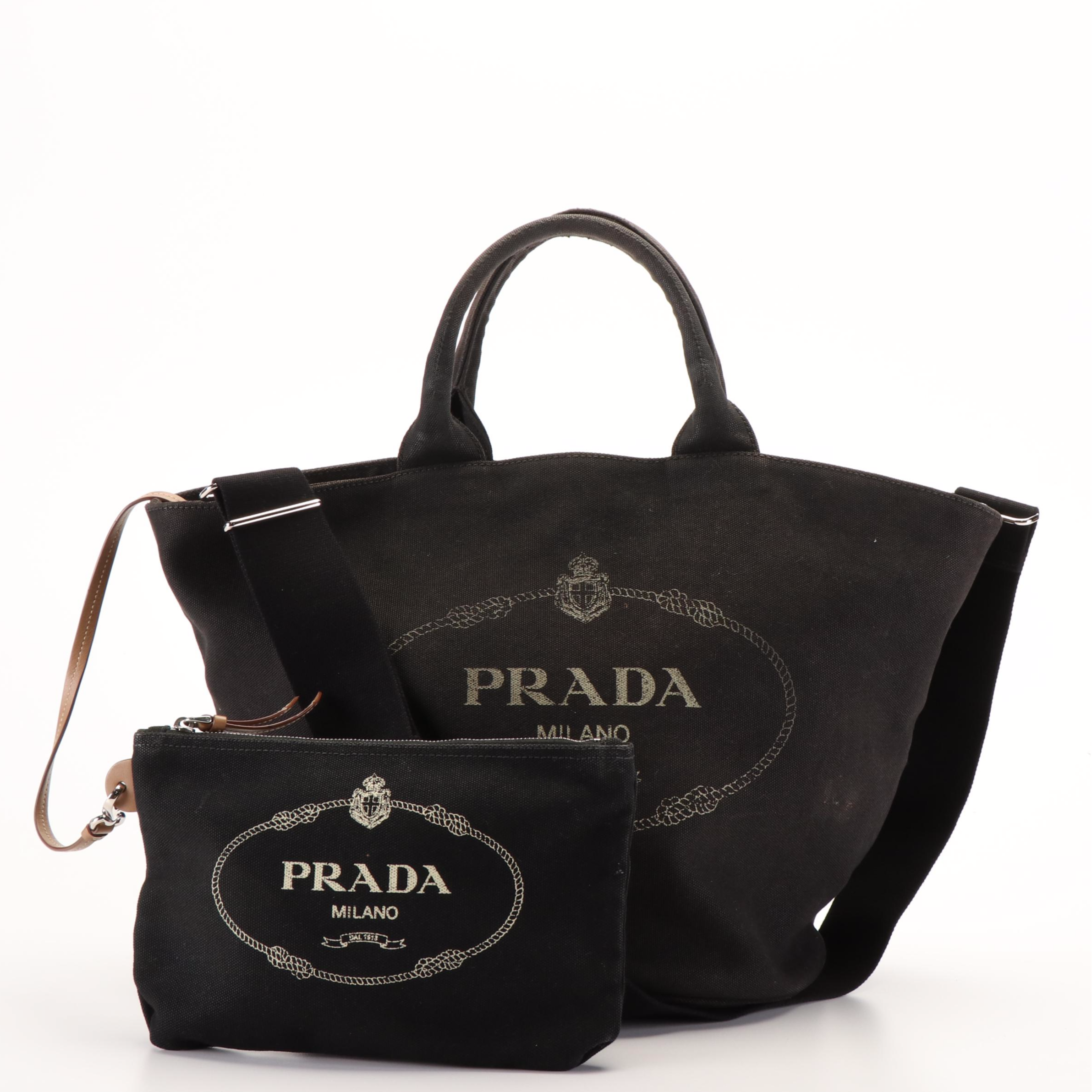 Prada 2Way Canapa Shoulder Tote Bag in Black Canvas