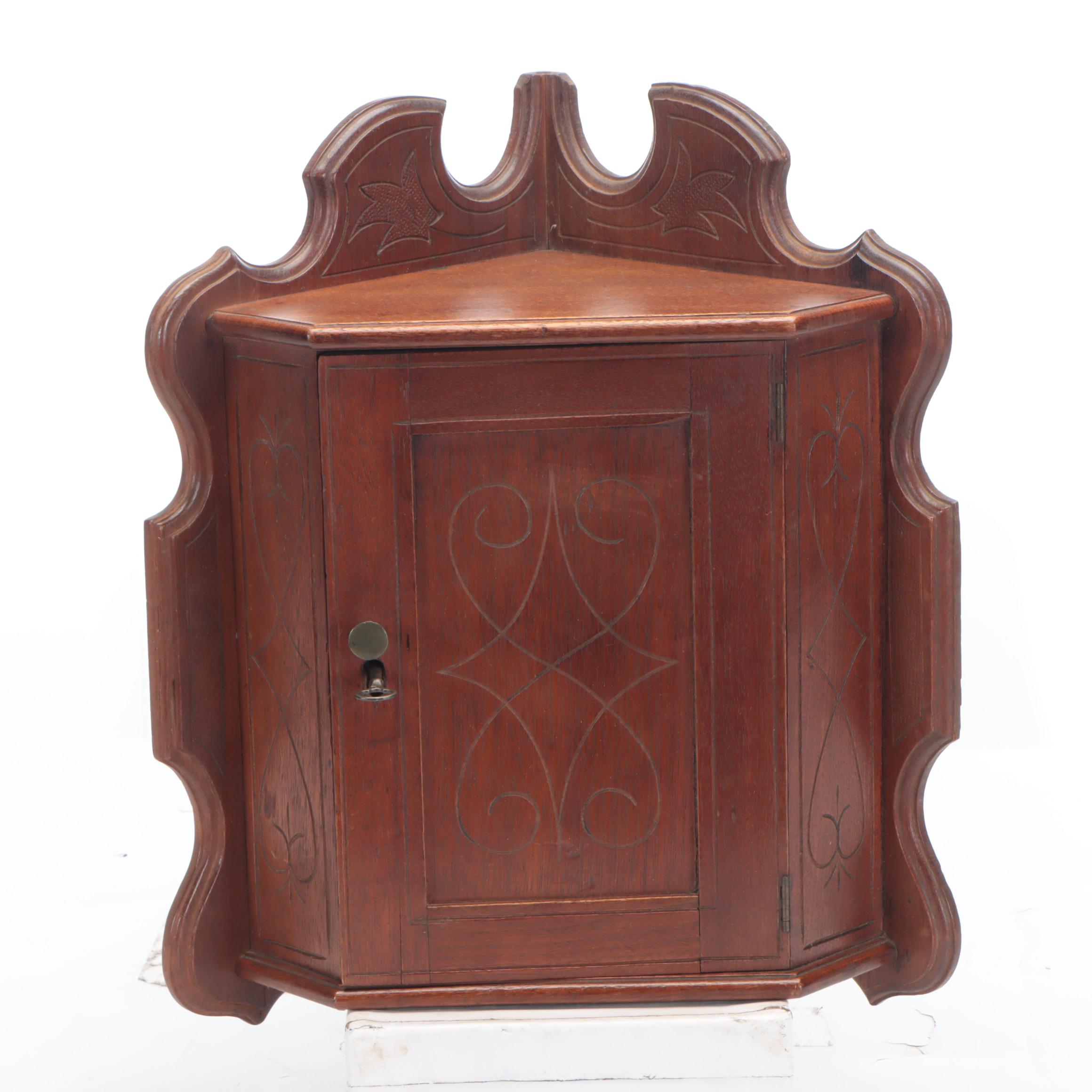 Carved Wood Locking Wall Mounted Corner Cabinet
