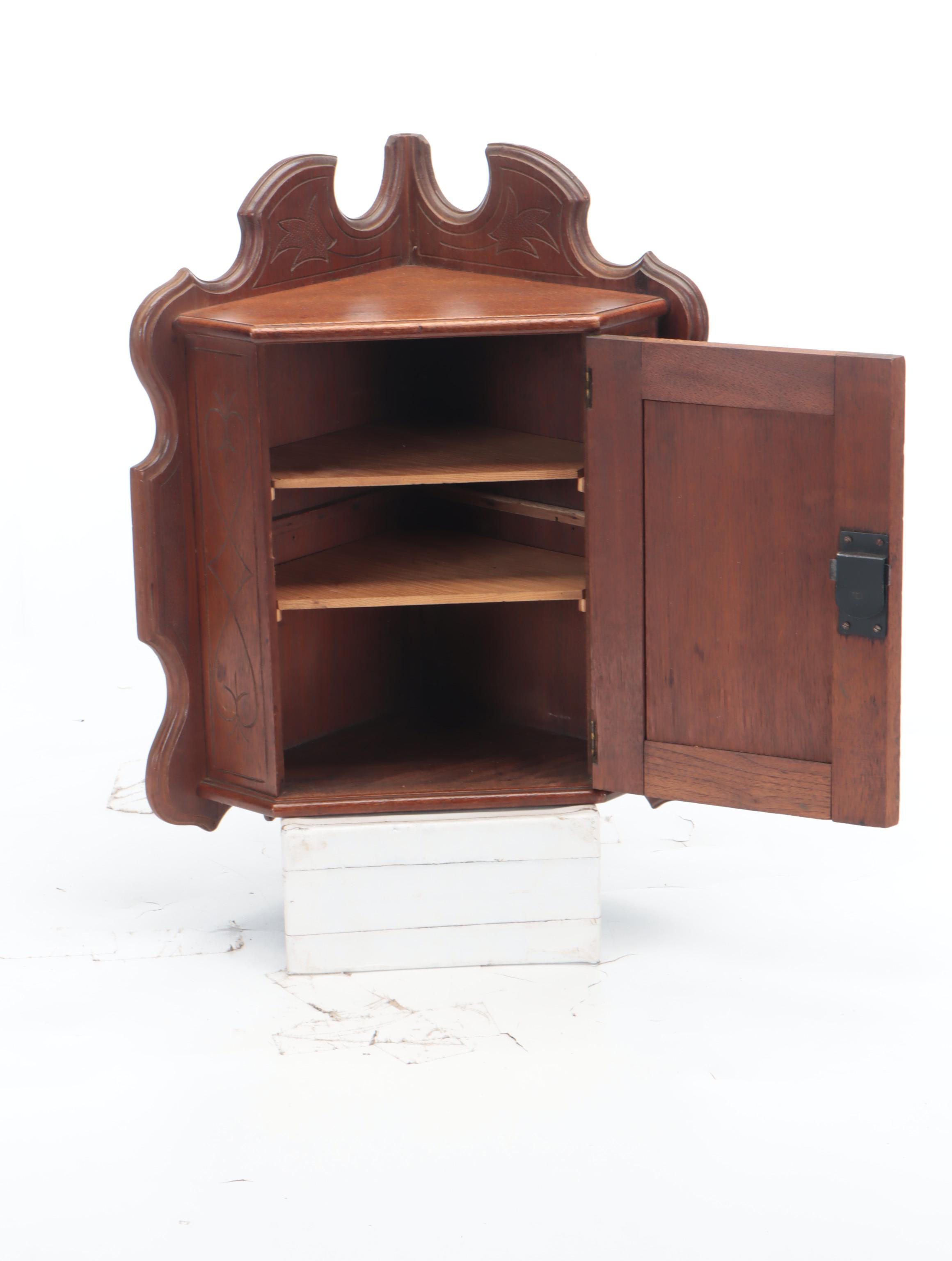 Carved Wood Locking Wall Mounted Corner Cabinet