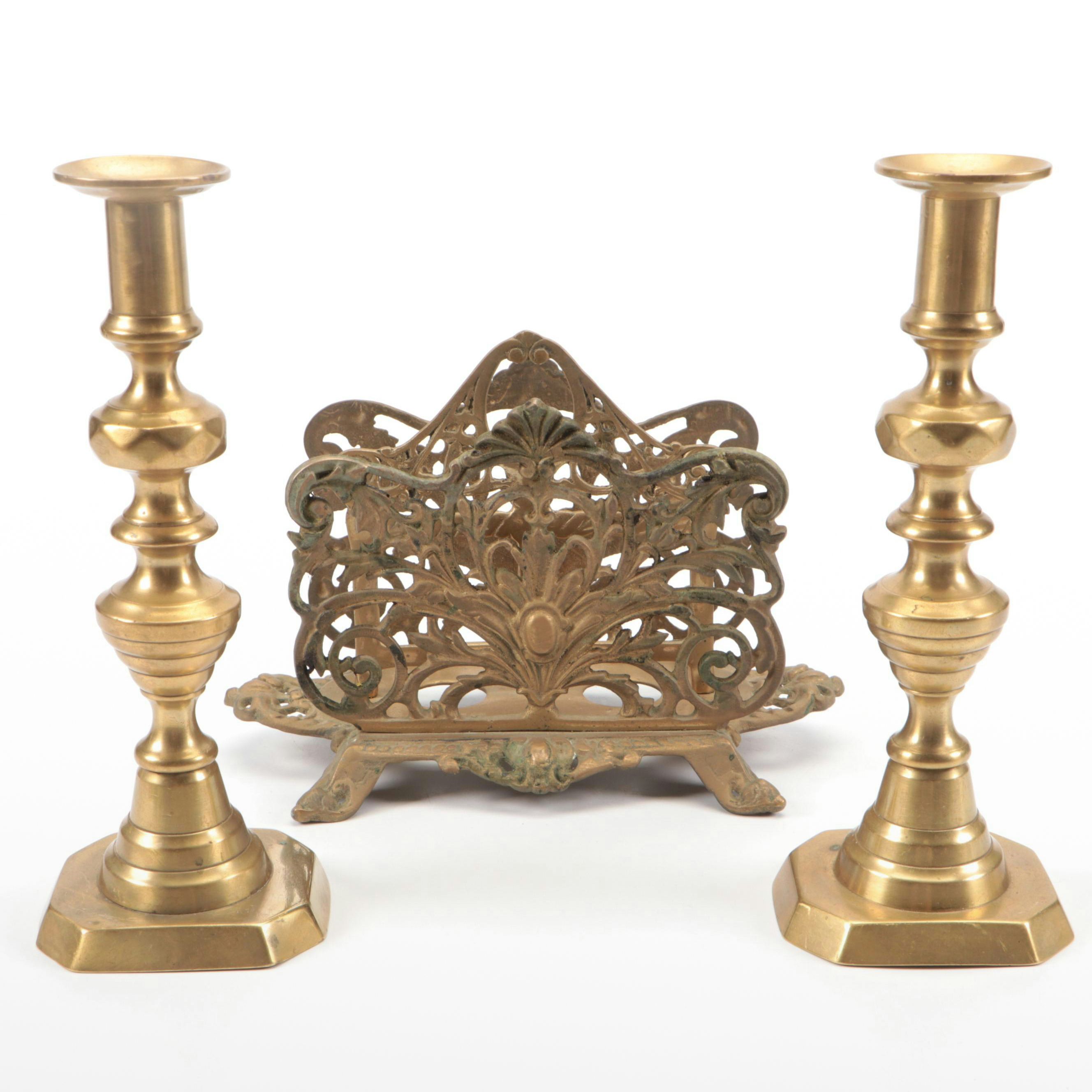 Antique Brass Rococo Style Openwork Letter Holder with Indian Brass Candlesticks