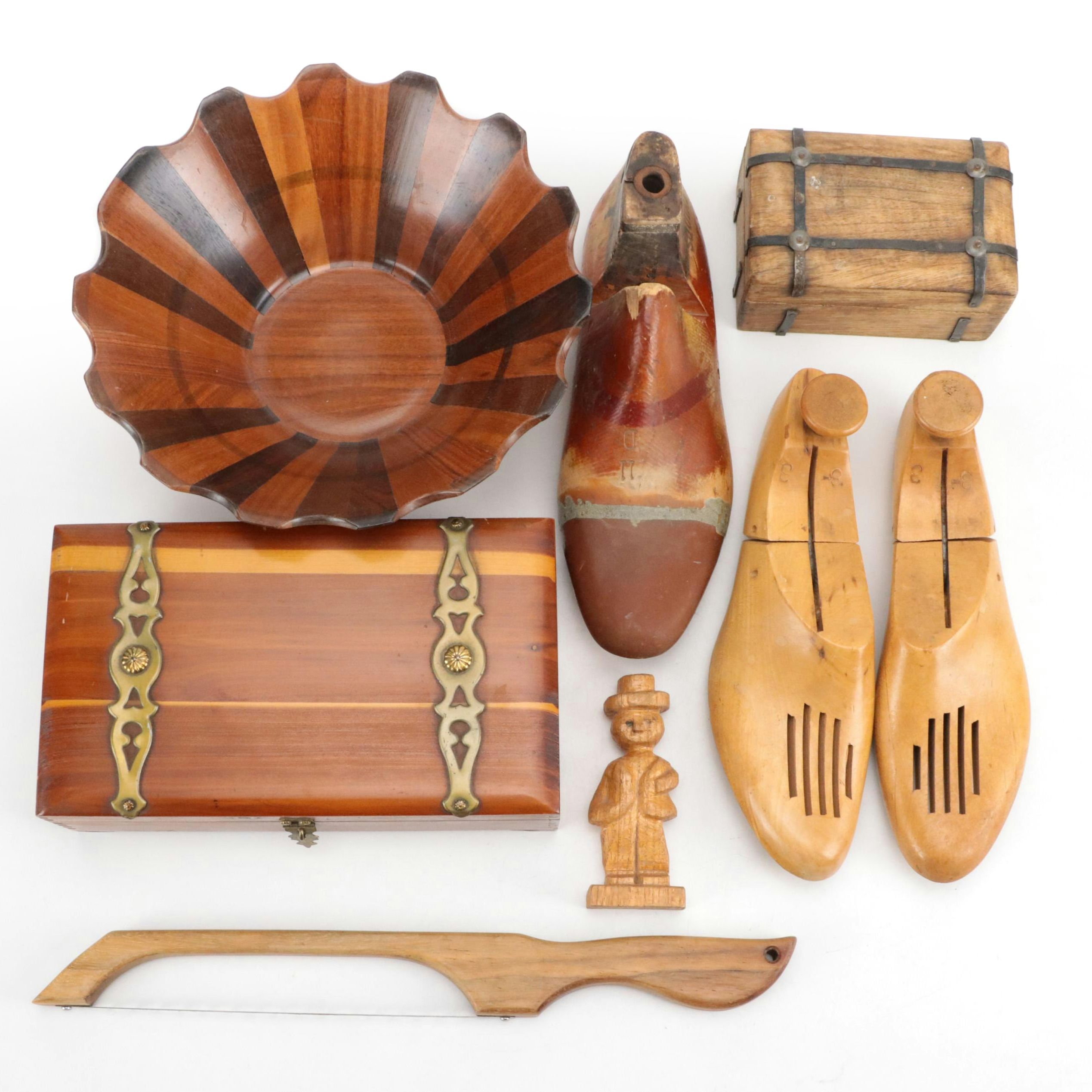 Roatan Parquetry Wood Centerpiece Bowl with Shoe Stretchers, Metal Bound Boxes