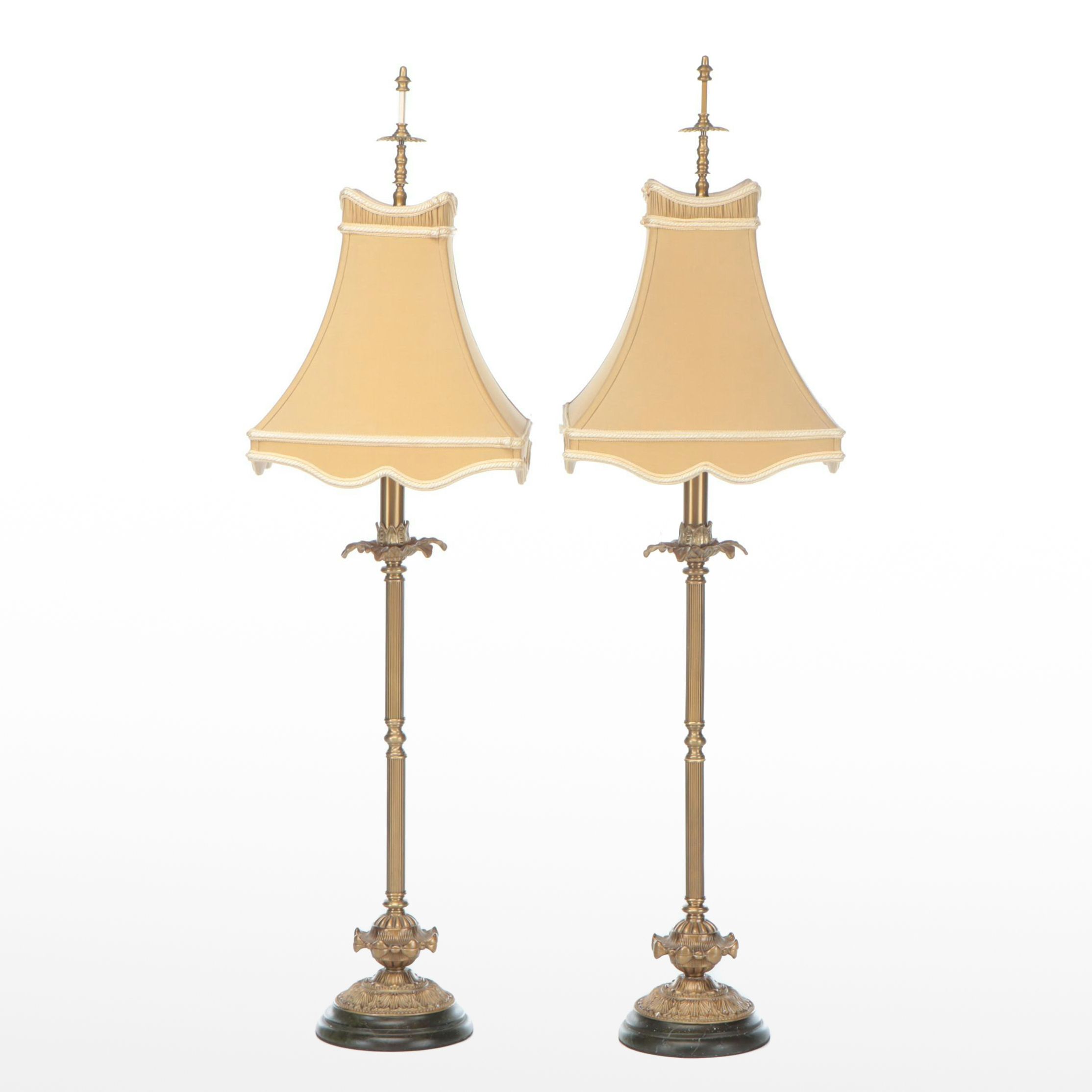 Pair of Chelsea House Gilt Metal Console Lamps with Custom Gold Fabric Shades