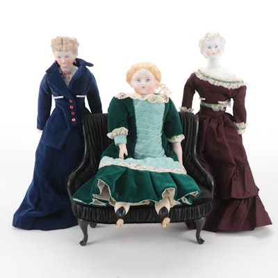 Kling Cafe au Lait Molded Collar and Other Parian Lady Dolls with Settee