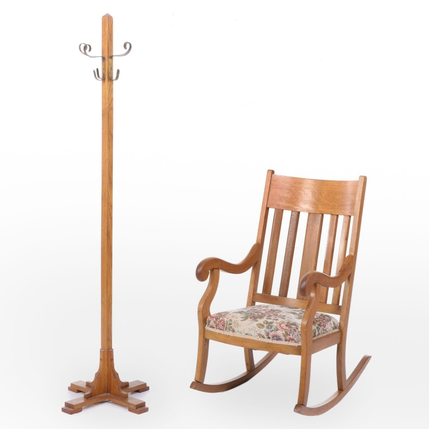 Arts and Crafts Style Oak Rocking Chair with Coat Rack, Early 20th Century