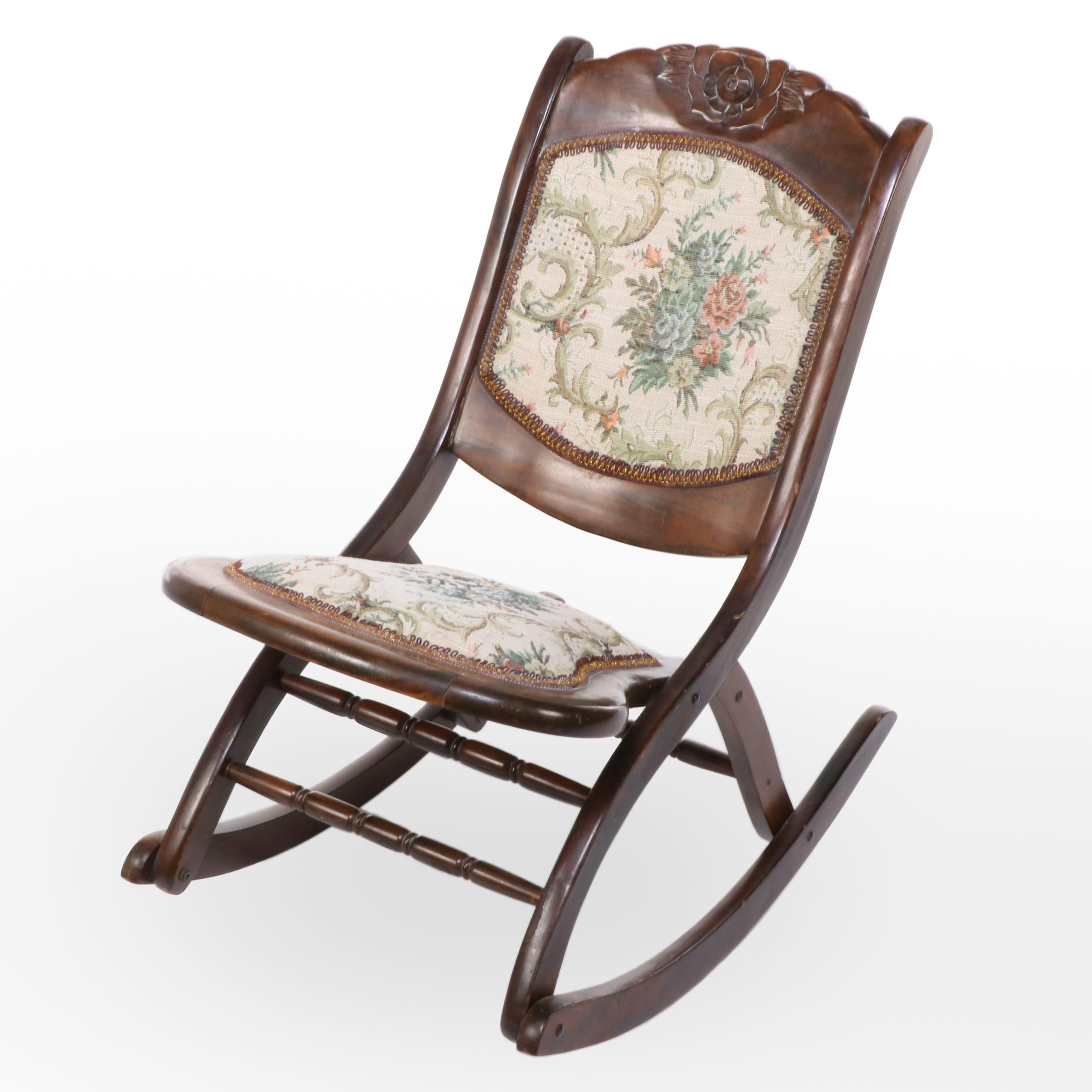 Robin Wood Works Victorian Style Carved Wood Folding Rocking Chair Mid 20th C. Everything But The House