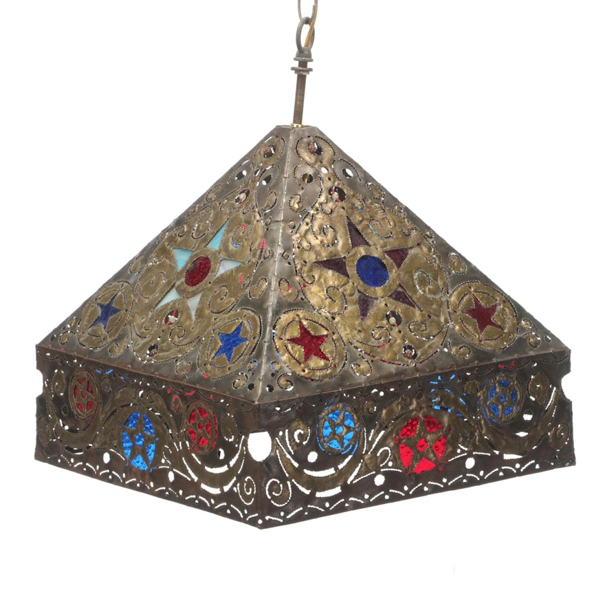 Pierced Brass and Colored Glass Pendant Swag Light, Mid to Late 20th Century