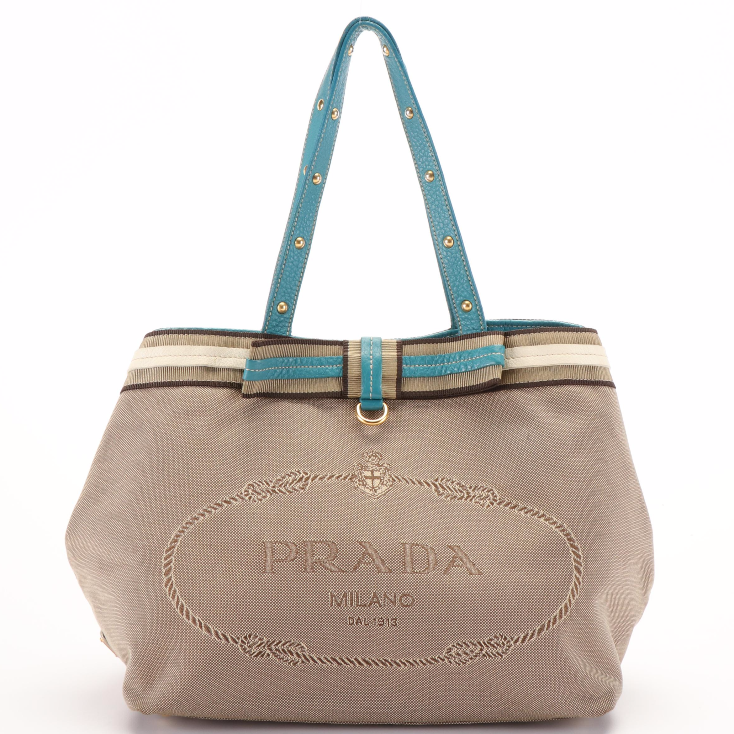Prada Jacquard Logo Canvas Tote with Blue Leather and Bow Accent