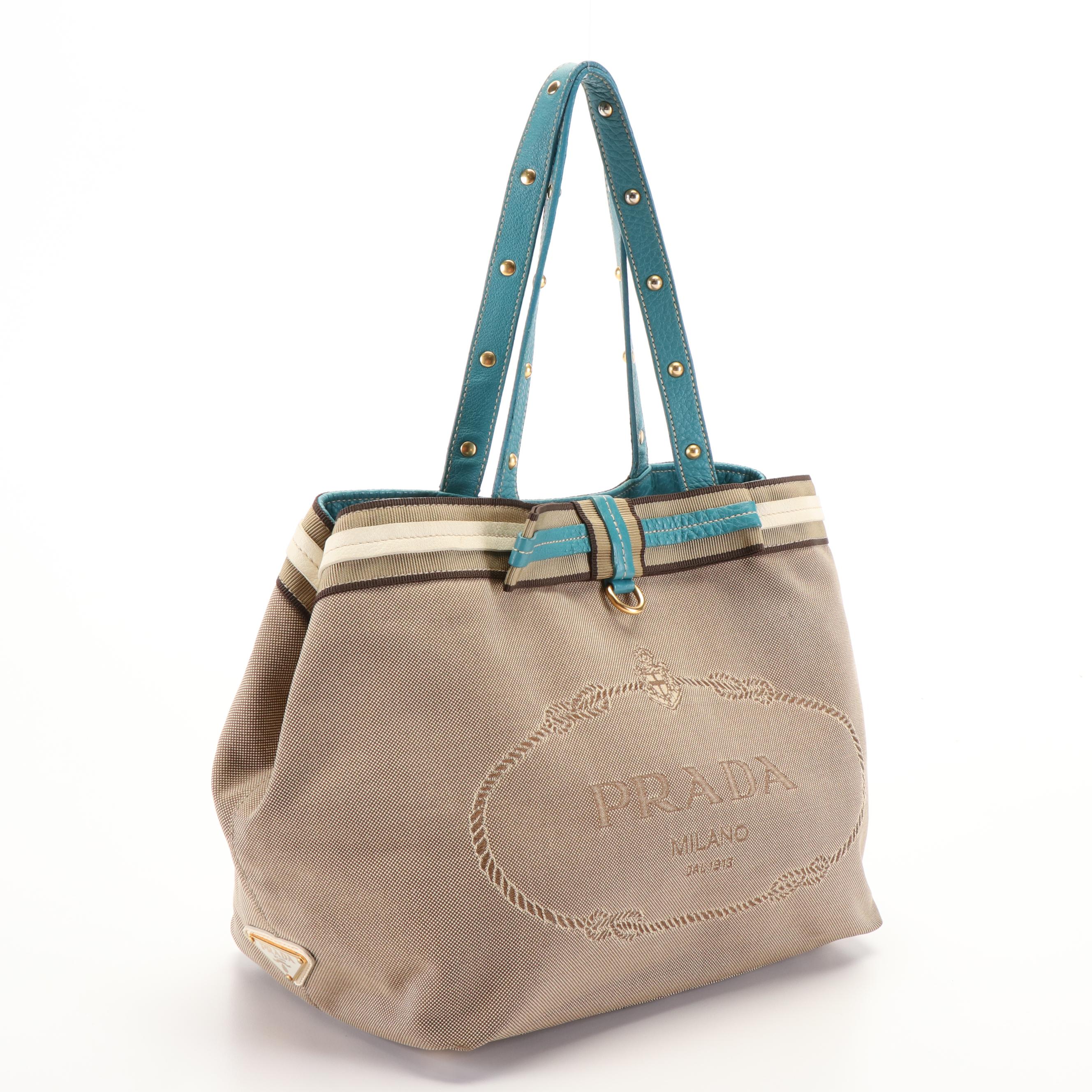 Prada Jacquard Logo Canvas Tote with Blue Leather and Bow Accent