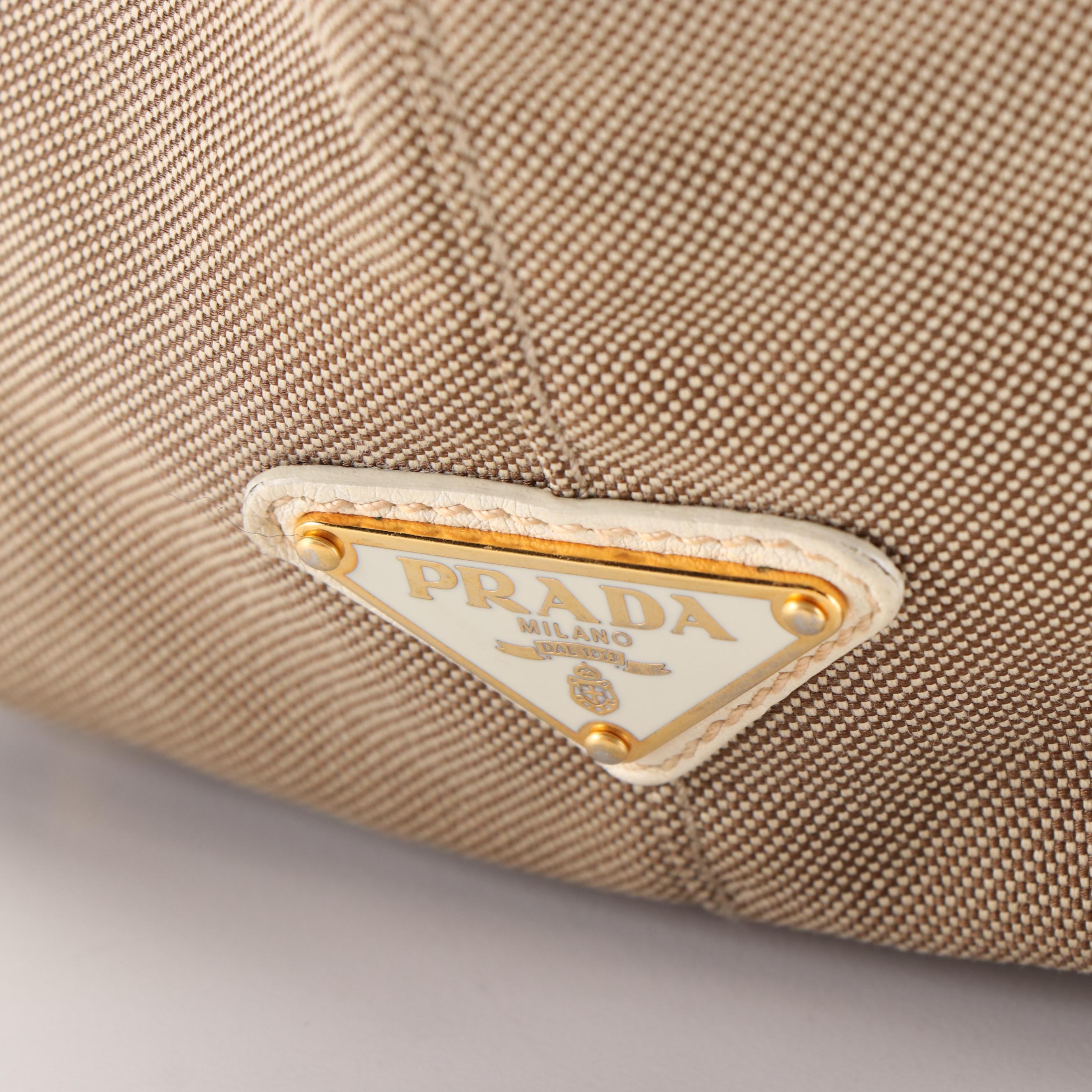 Prada Jacquard Logo Canvas Tote with Blue Leather and Bow Accent