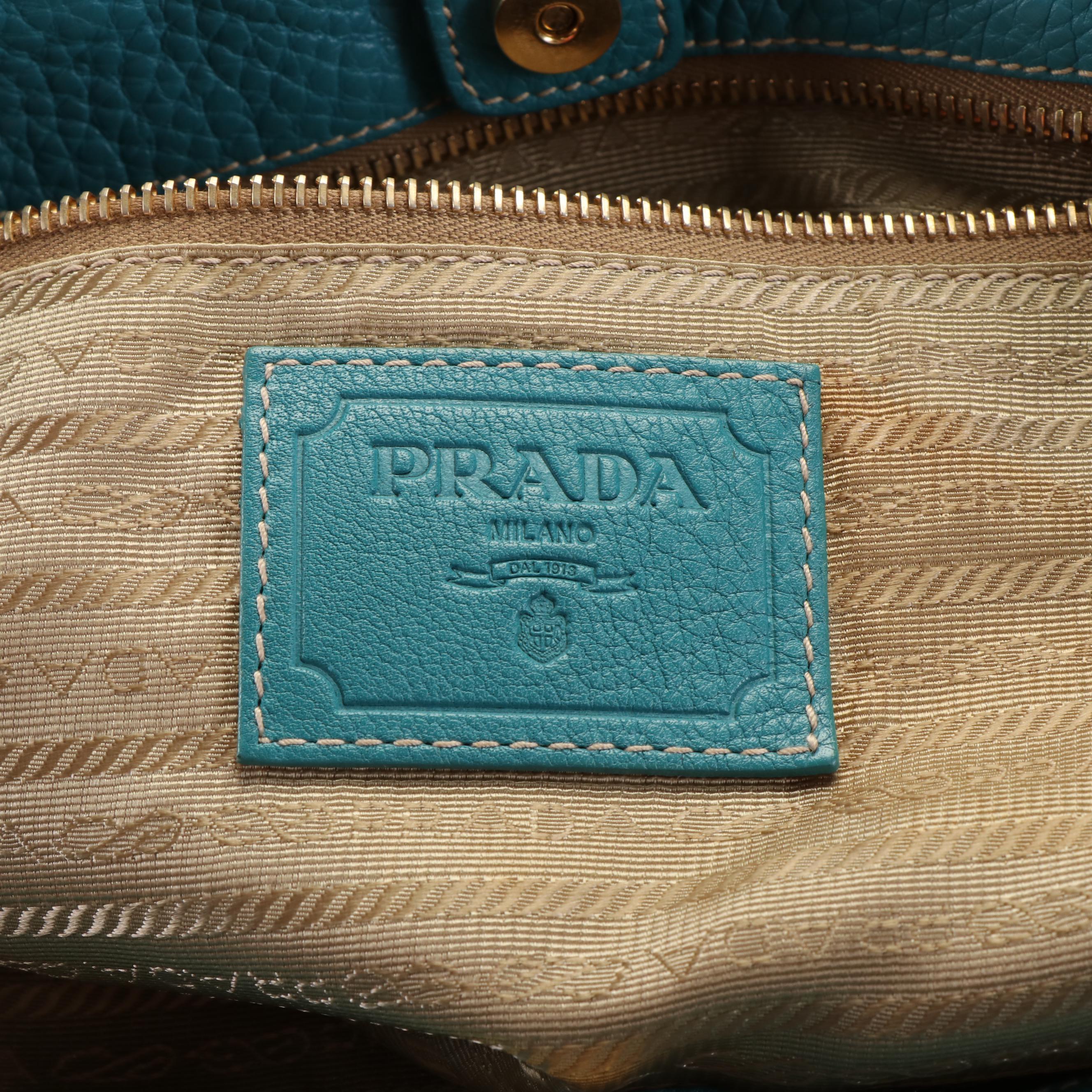 Prada Jacquard Logo Canvas Tote with Blue Leather and Bow Accent