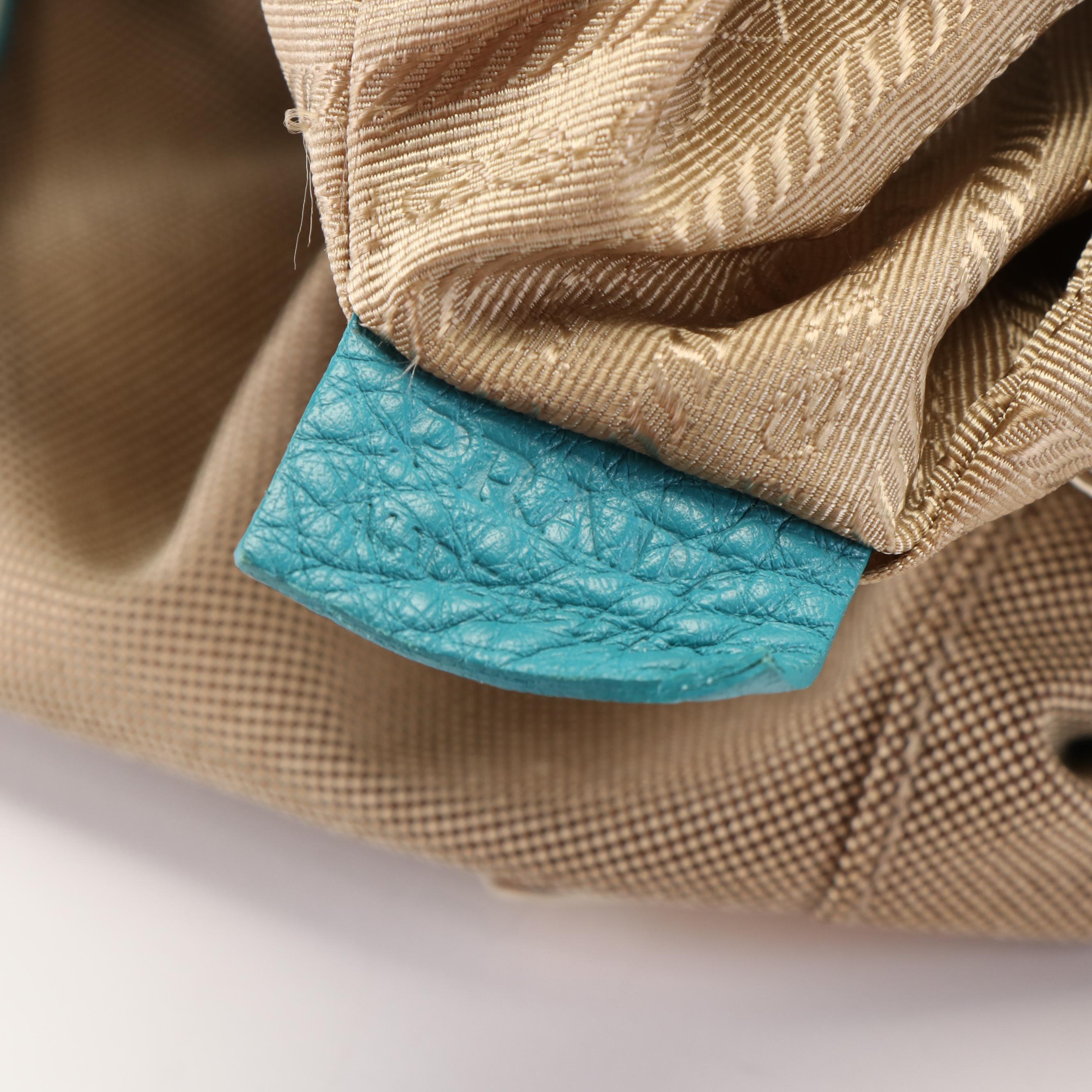 Prada Jacquard Logo Canvas Tote with Blue Leather and Bow Accent