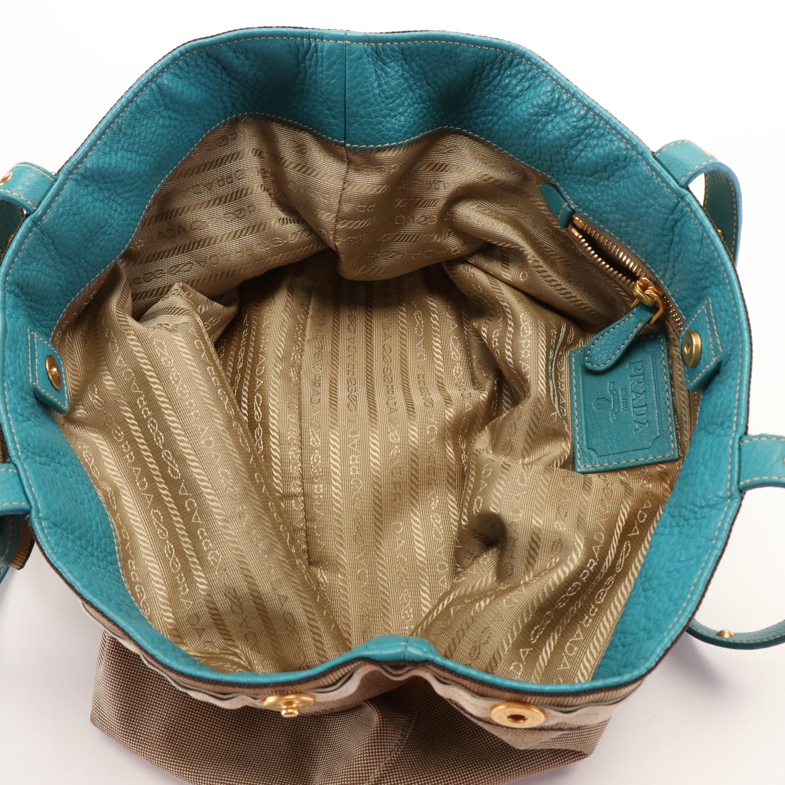 Prada Jacquard Logo Canvas Tote with Blue Leather and Bow Accent