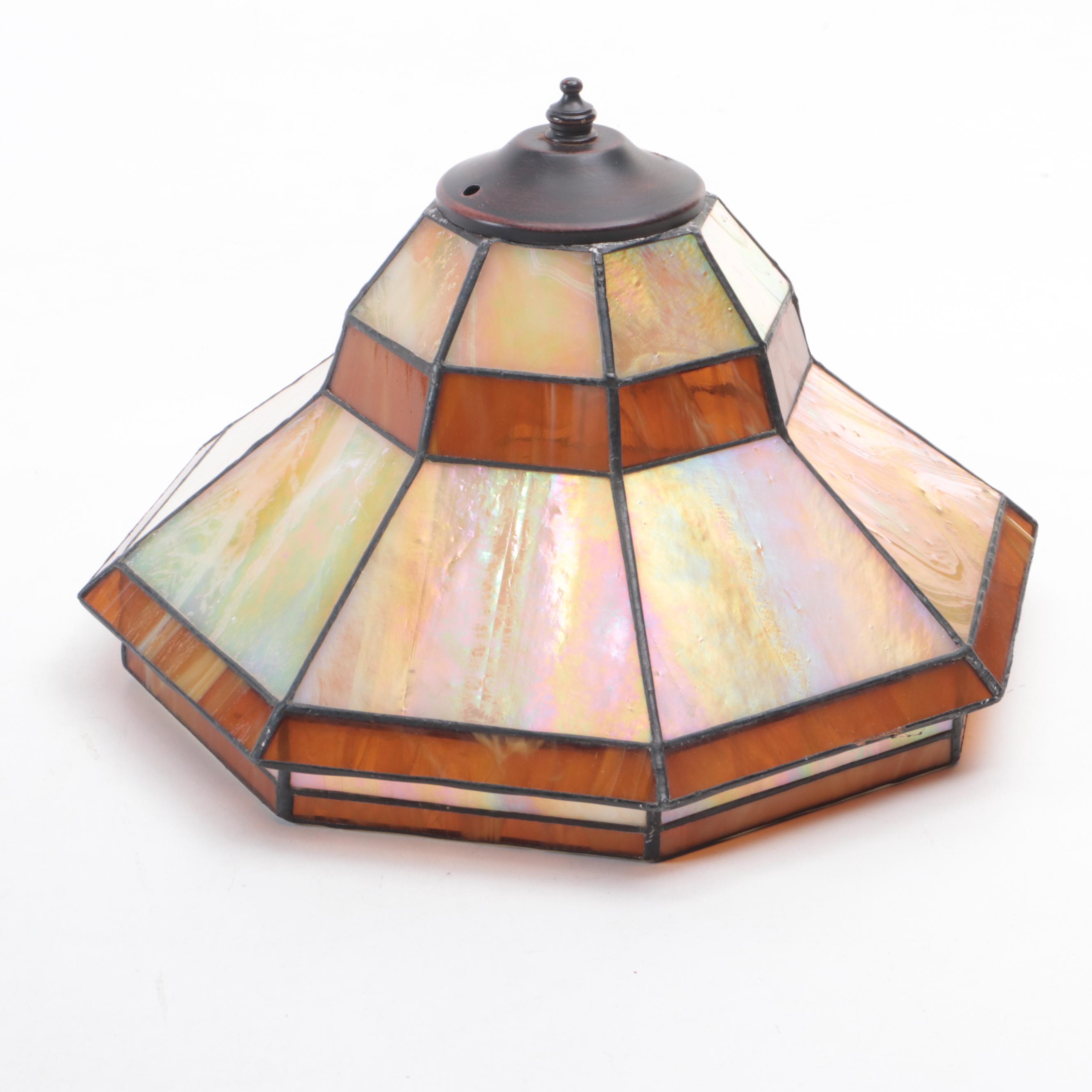 Iridescent Slag Glass Lamp Shade, Pierced Gallery Tray, Rare Woods Photo Frame