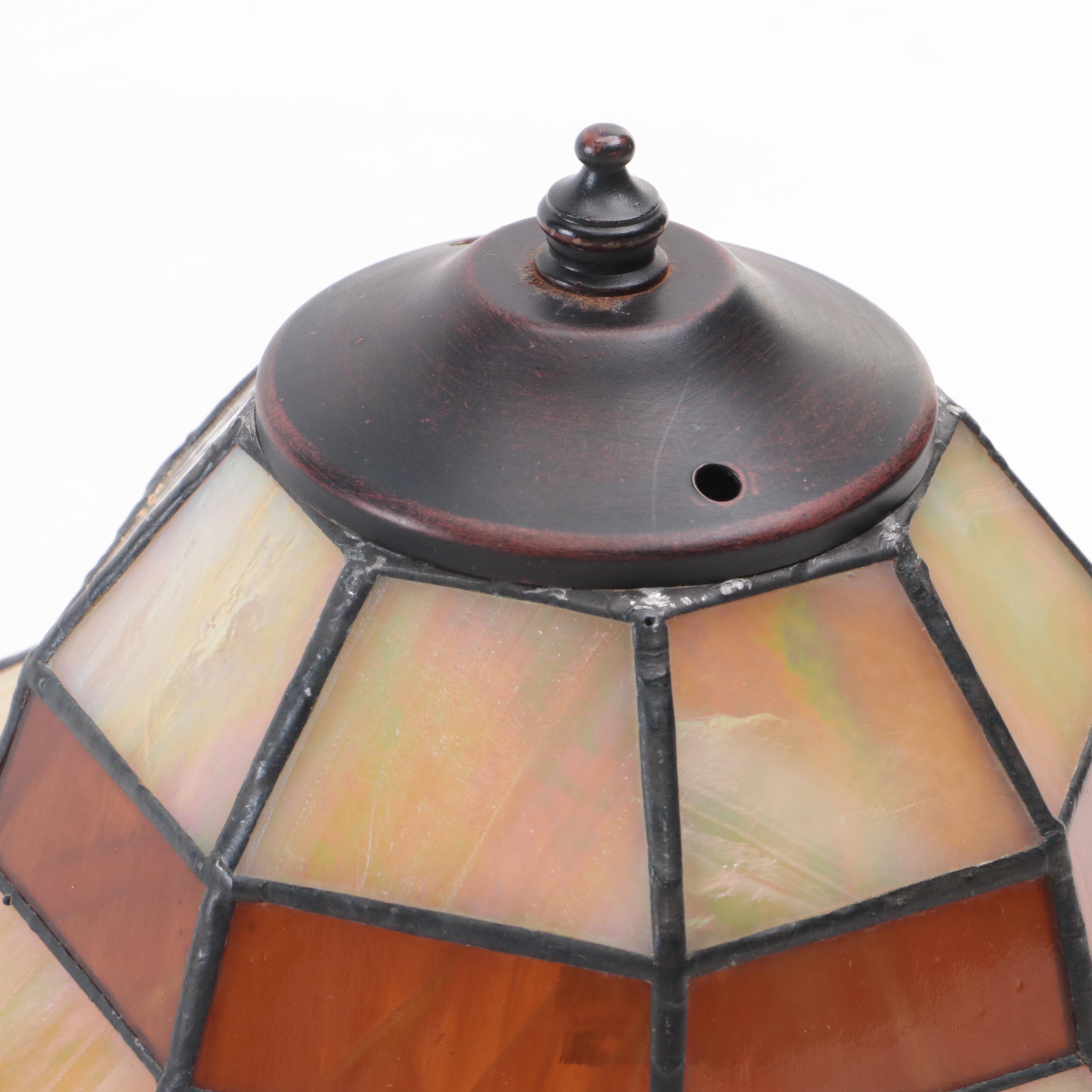 Iridescent Slag Glass Lamp Shade, Pierced Gallery Tray, Rare Woods Photo Frame