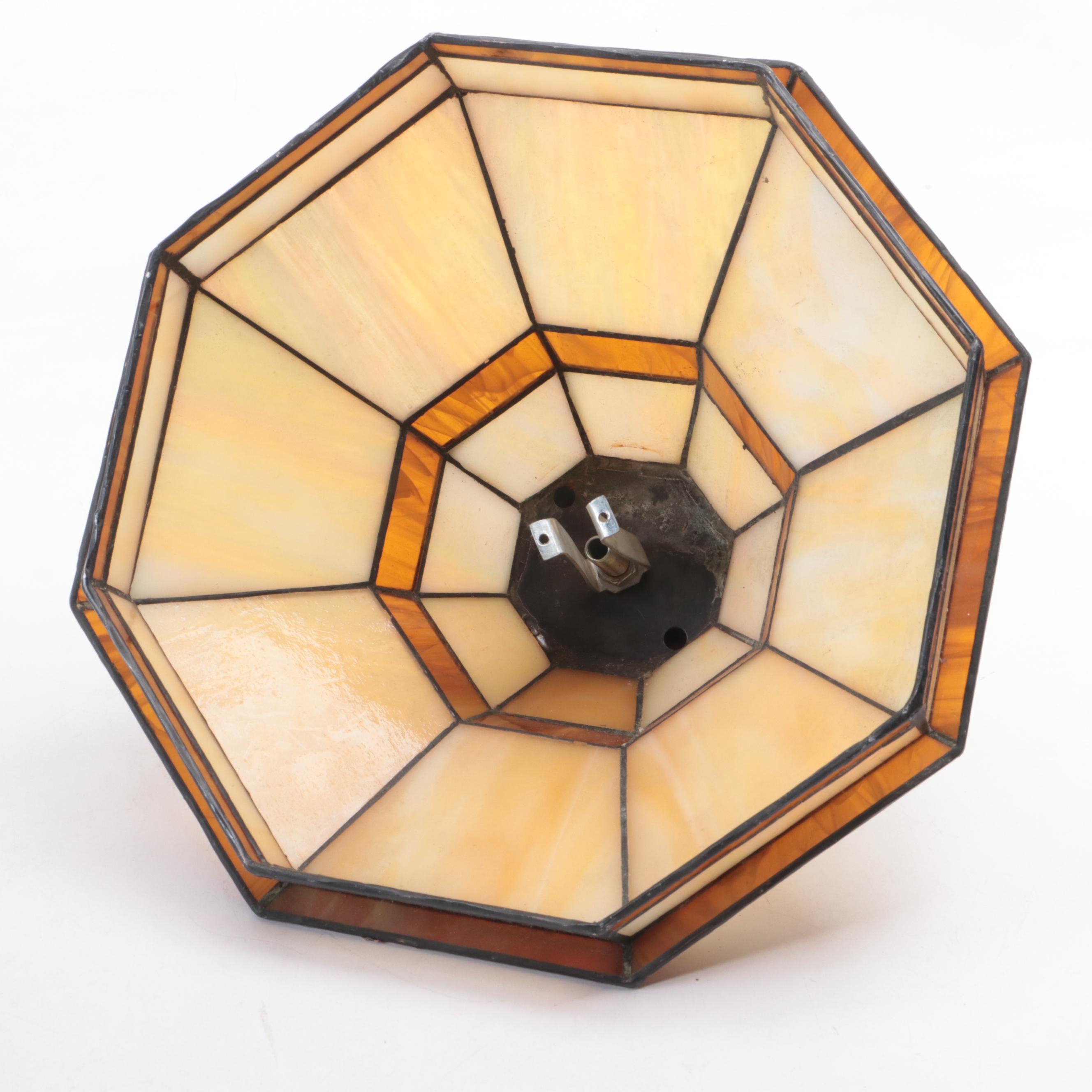 Iridescent Slag Glass Lamp Shade, Pierced Gallery Tray, Rare Woods Photo Frame