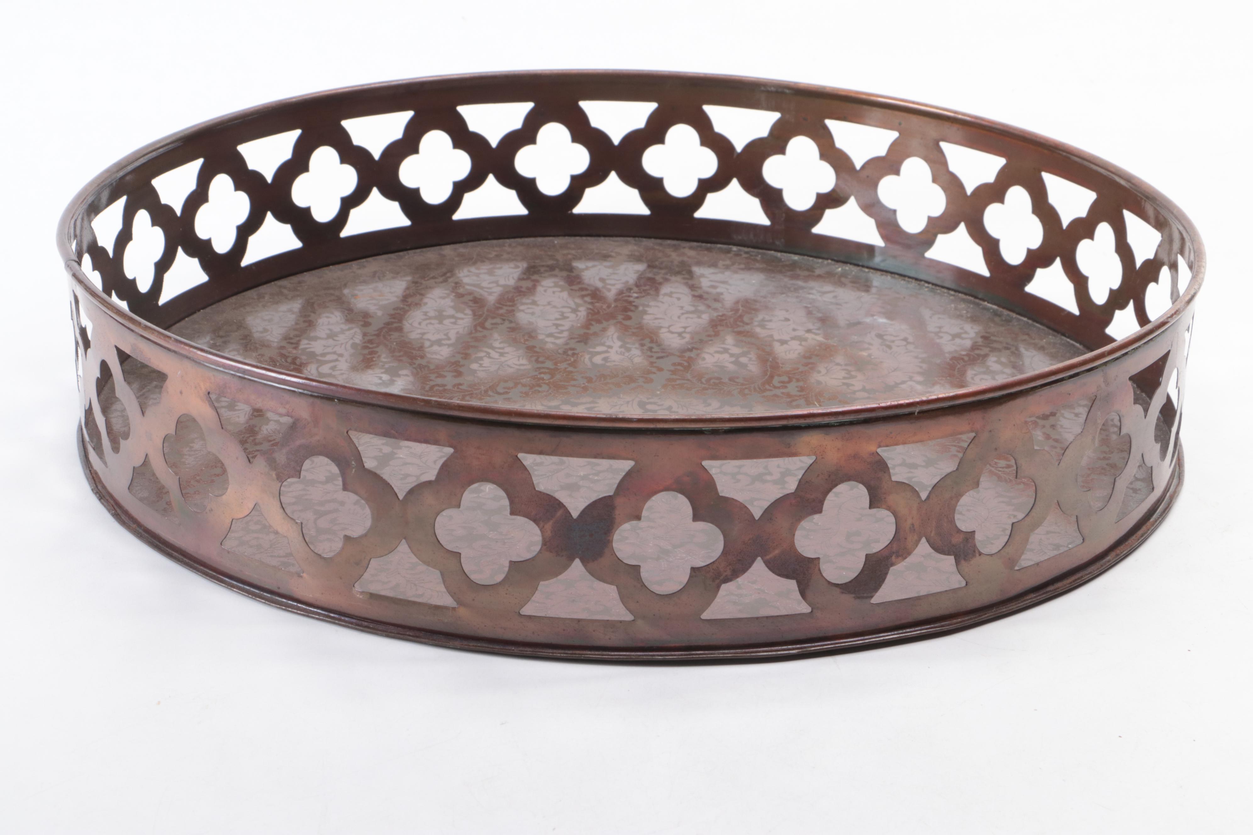 Iridescent Slag Glass Lamp Shade, Pierced Gallery Tray, Rare Woods Photo Frame