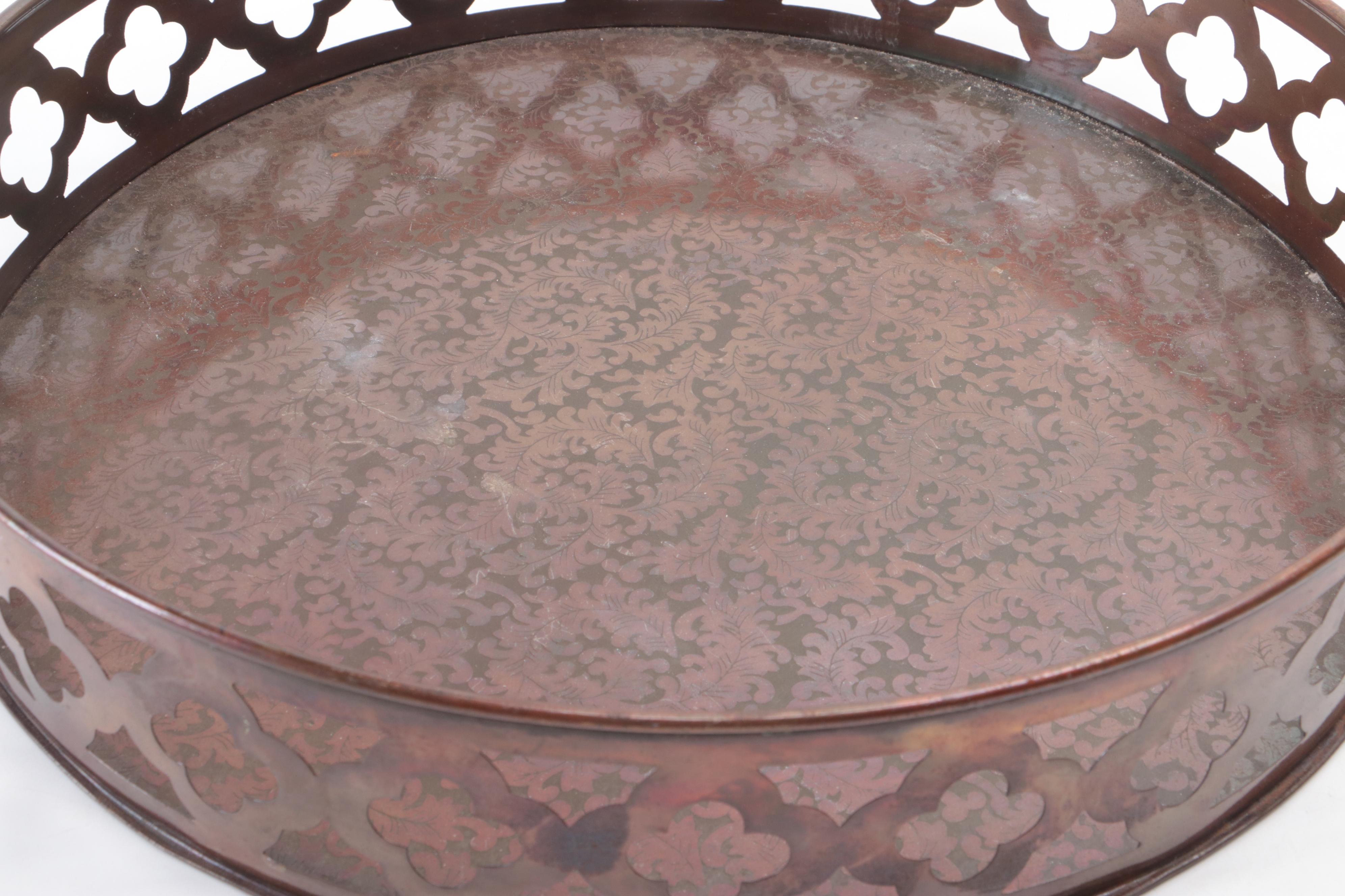 Iridescent Slag Glass Lamp Shade, Pierced Gallery Tray, Rare Woods Photo Frame