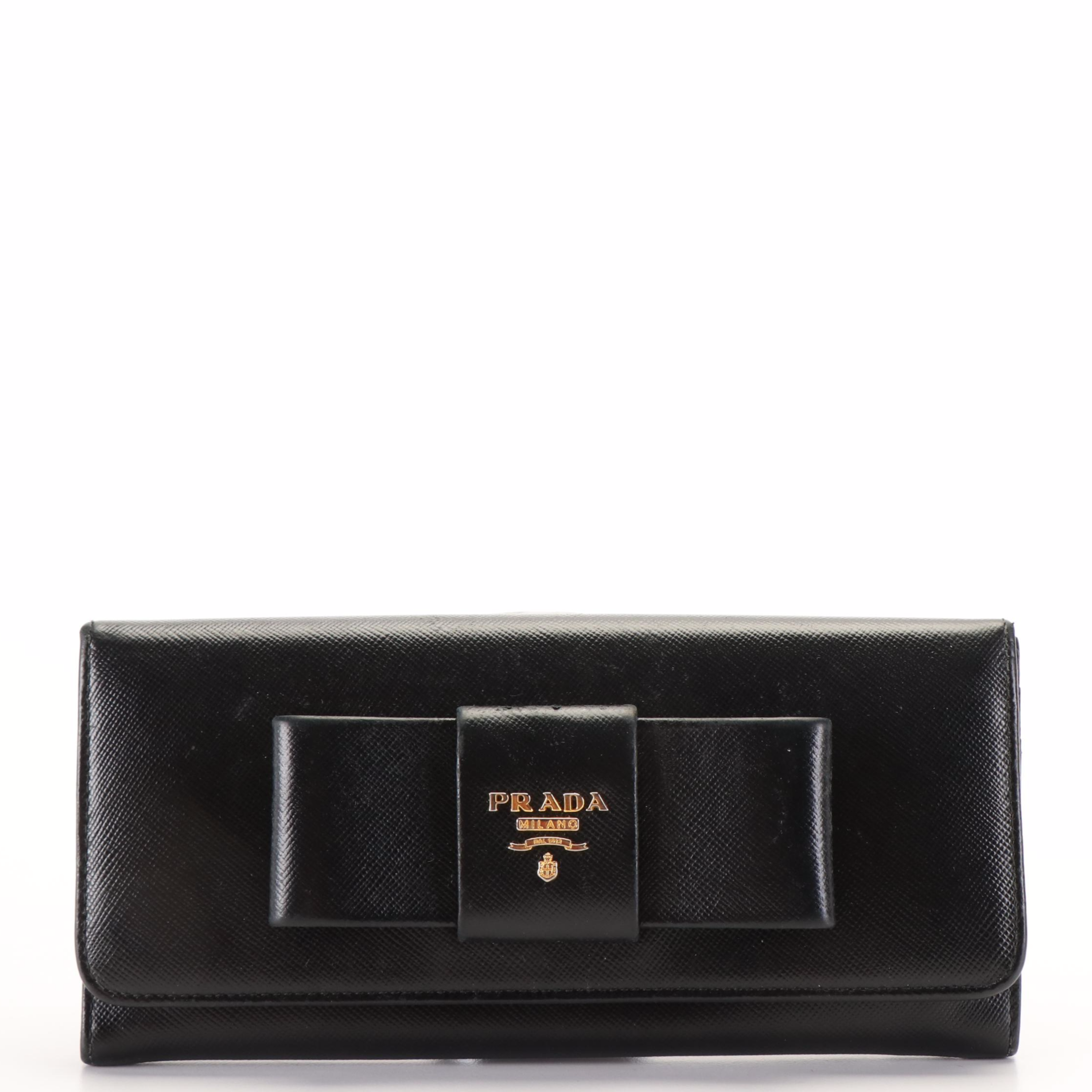 Prada Bow Continental Wallet in Black Saffiano Leather