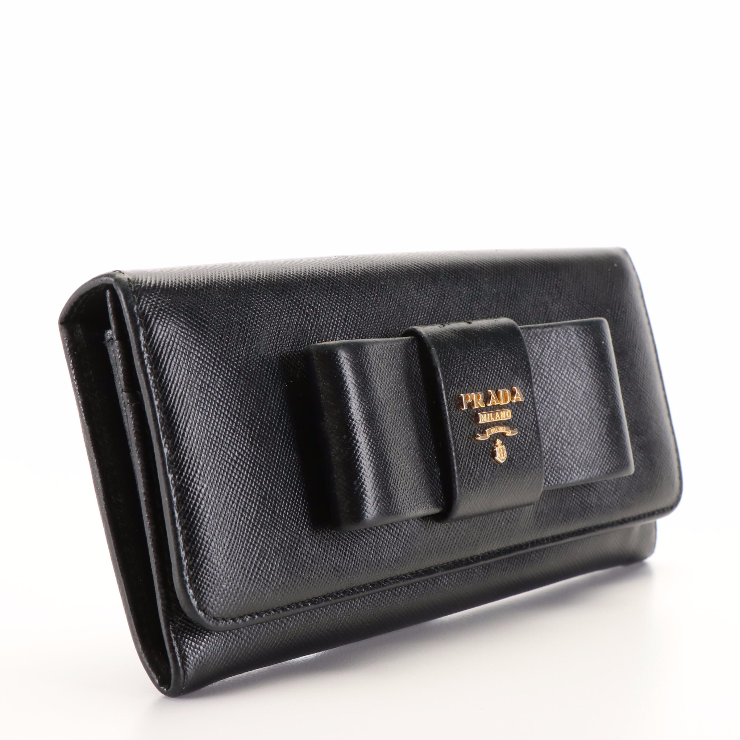 Prada Bow Continental Wallet in Black Saffiano Leather