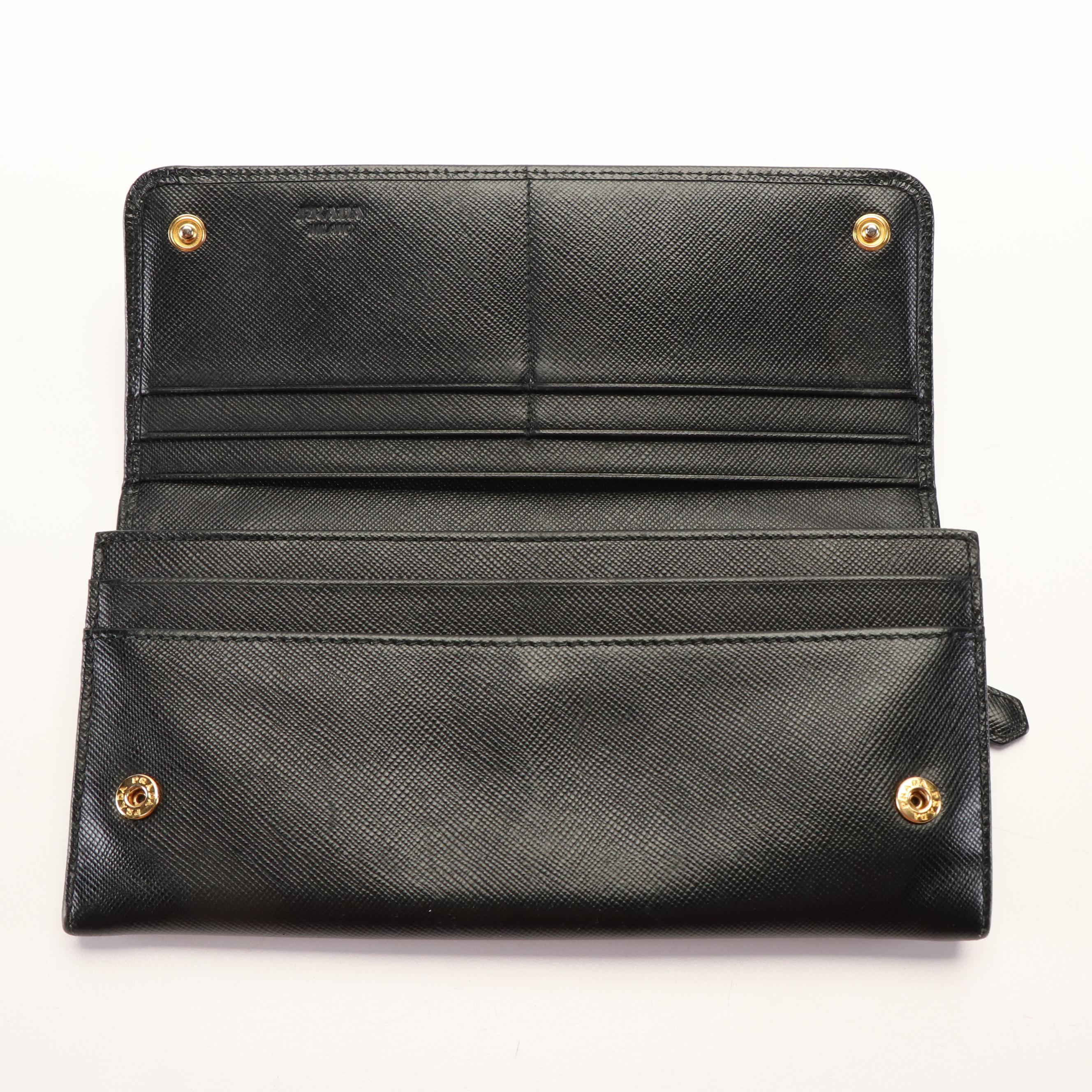 Prada Bow Continental Wallet in Black Saffiano Leather