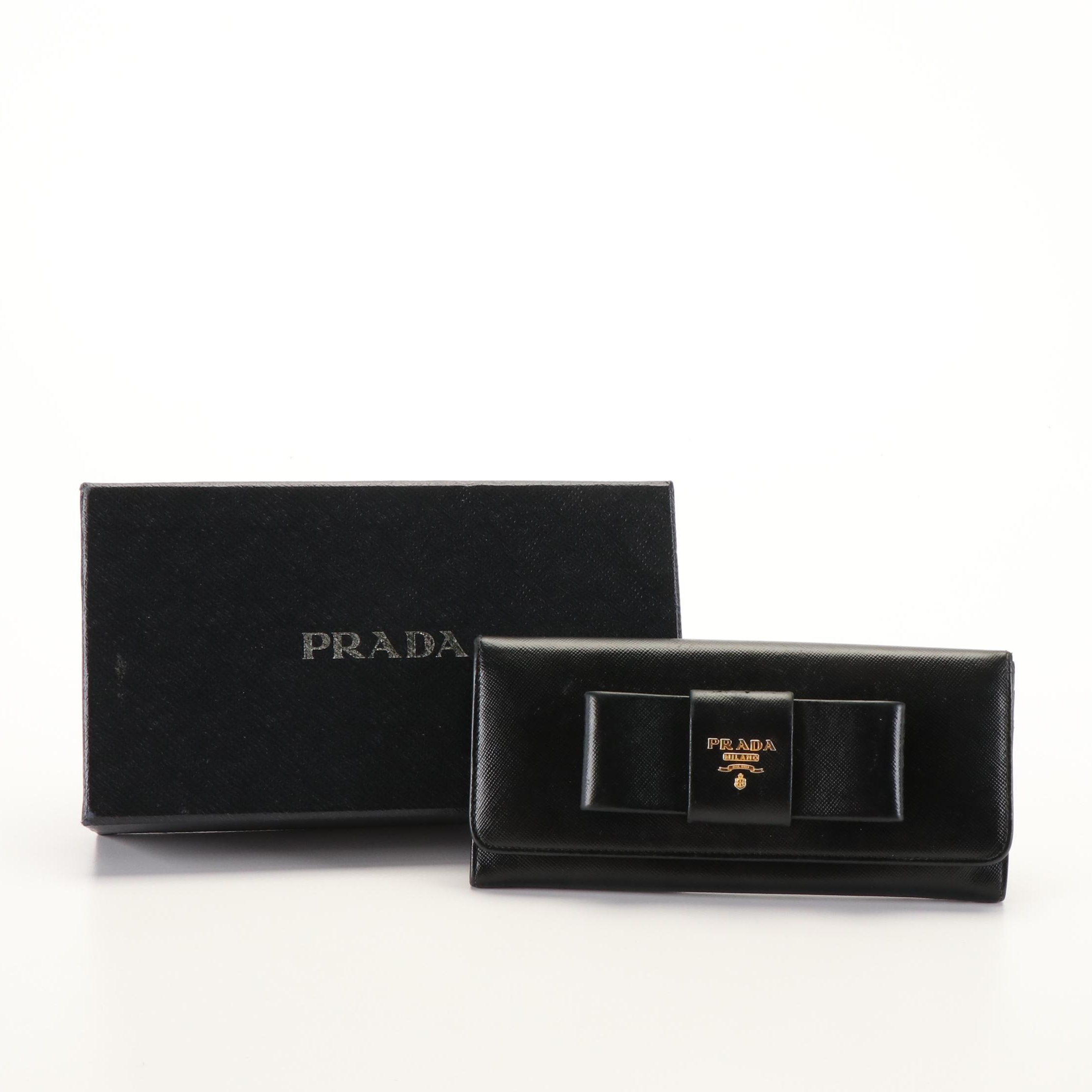 Prada Bow Continental Wallet in Black Saffiano Leather