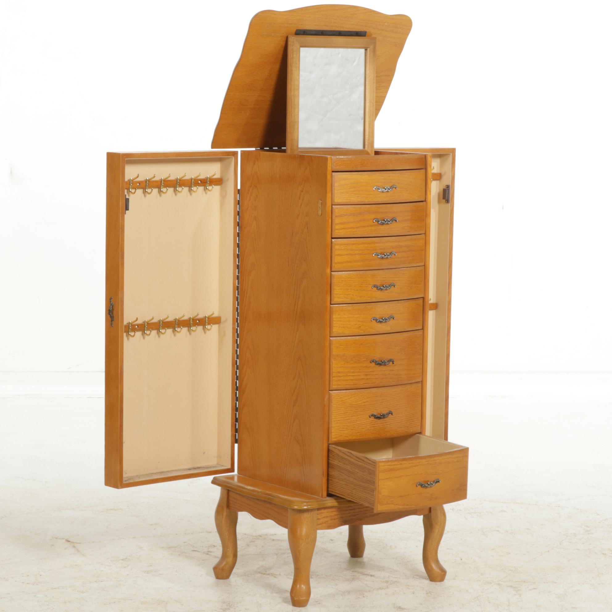 Queen Anne Style Oak Mirrored Jewelry Armoire, Late 20th Century