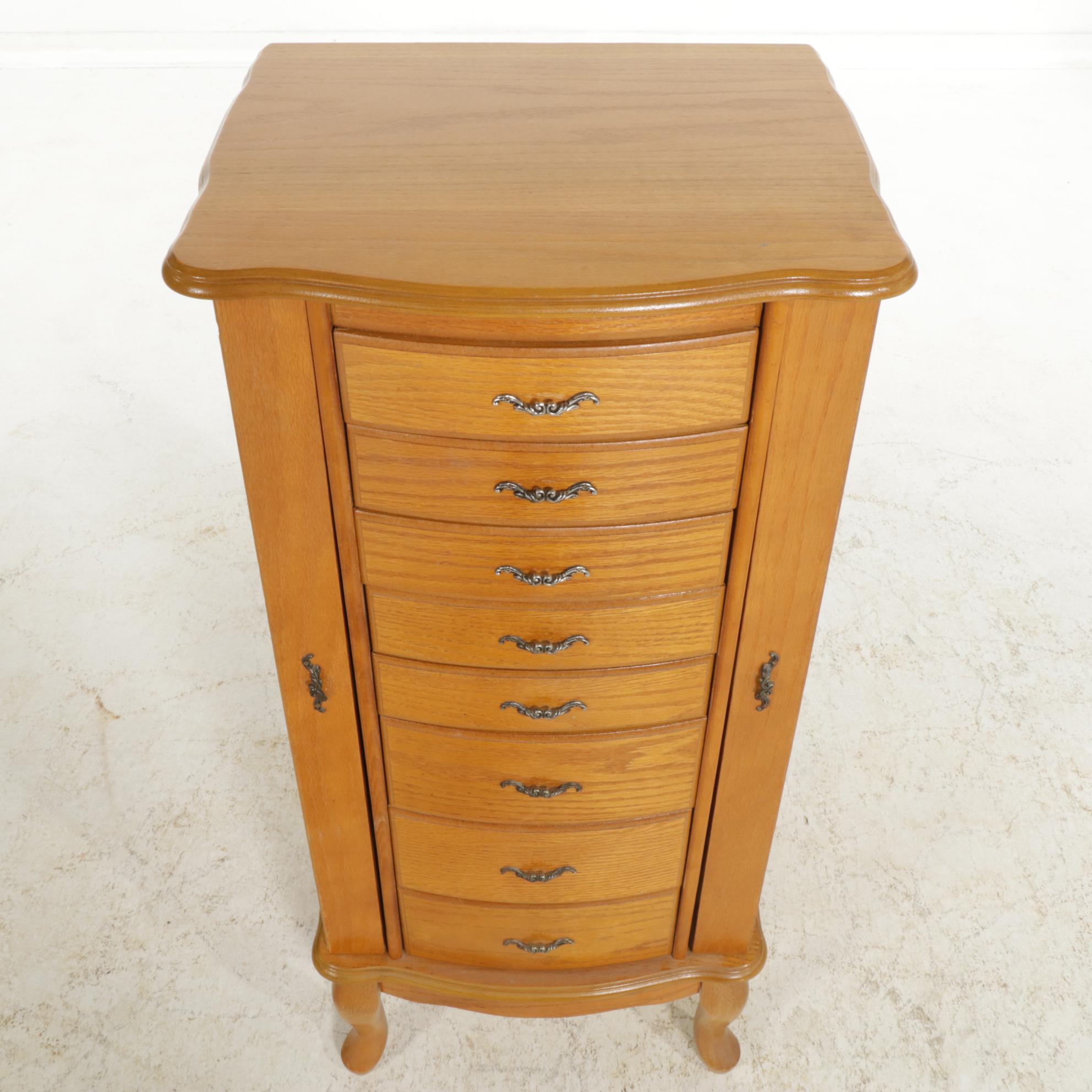 Queen Anne Style Oak Mirrored Jewelry Armoire, Late 20th Century