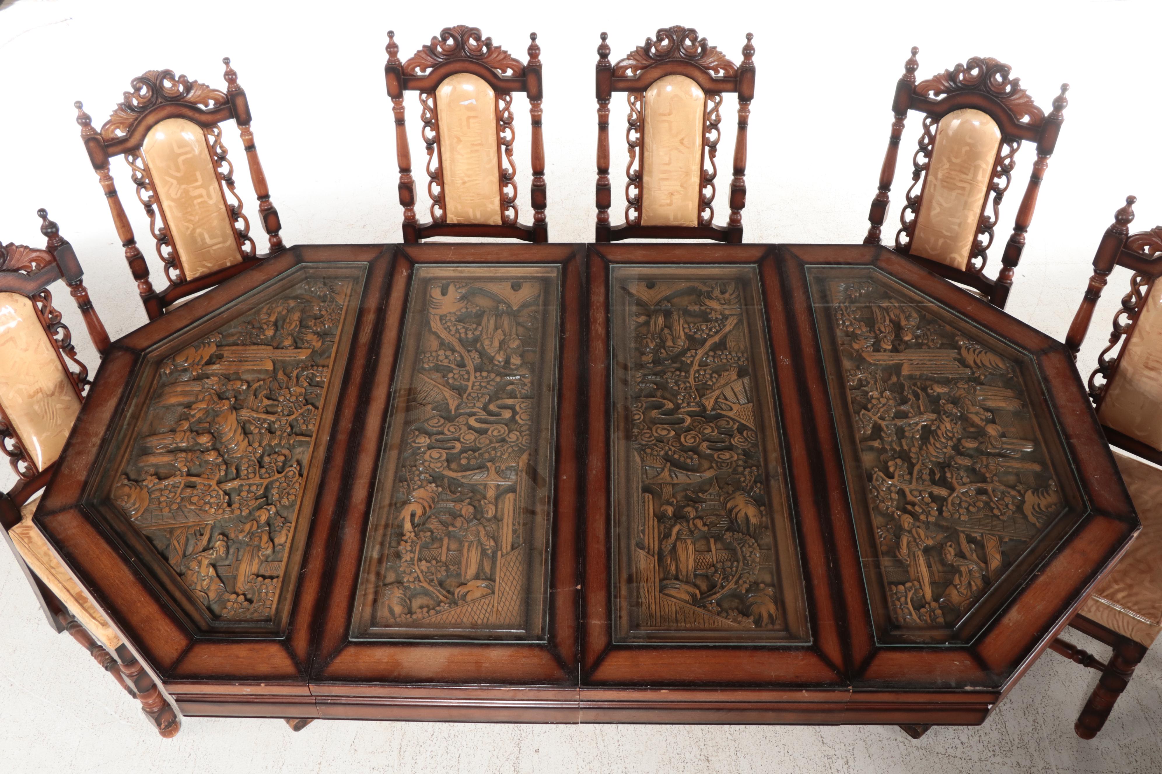 Nine Piece Chinese Carved Wooden Dining Set