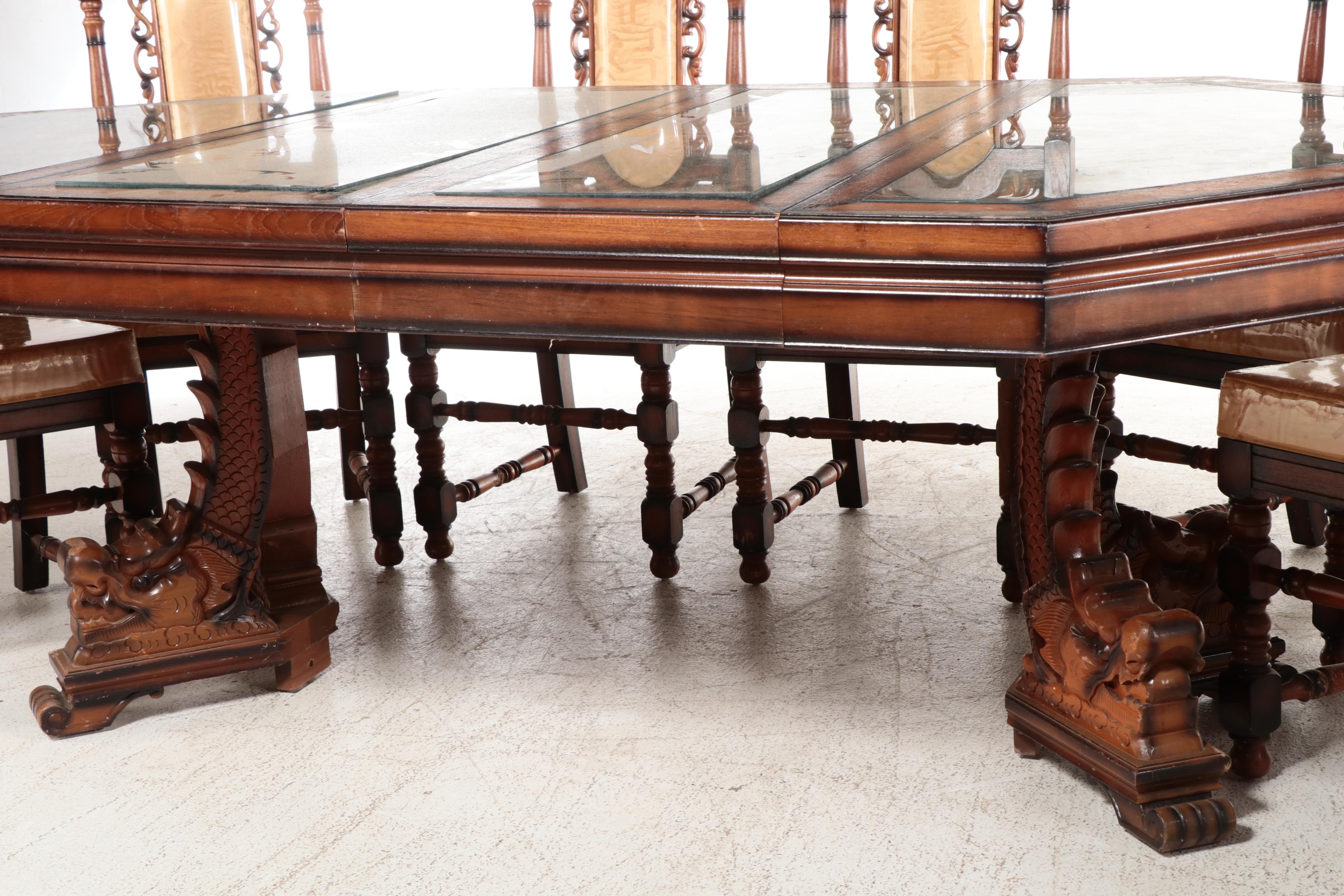 Nine Piece Chinese Carved Wooden Dining Set
