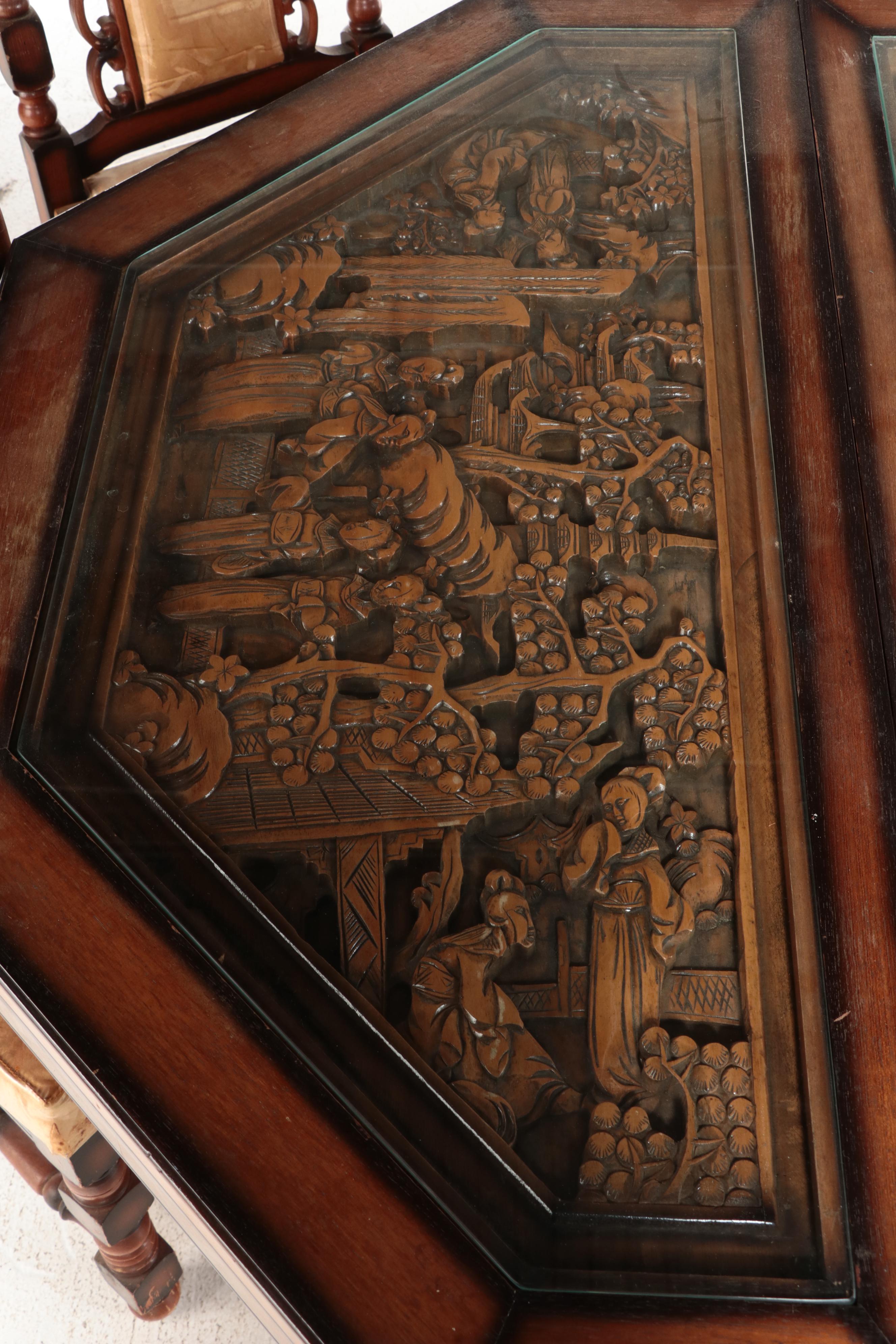 Nine Piece Chinese Carved Wooden Dining Set