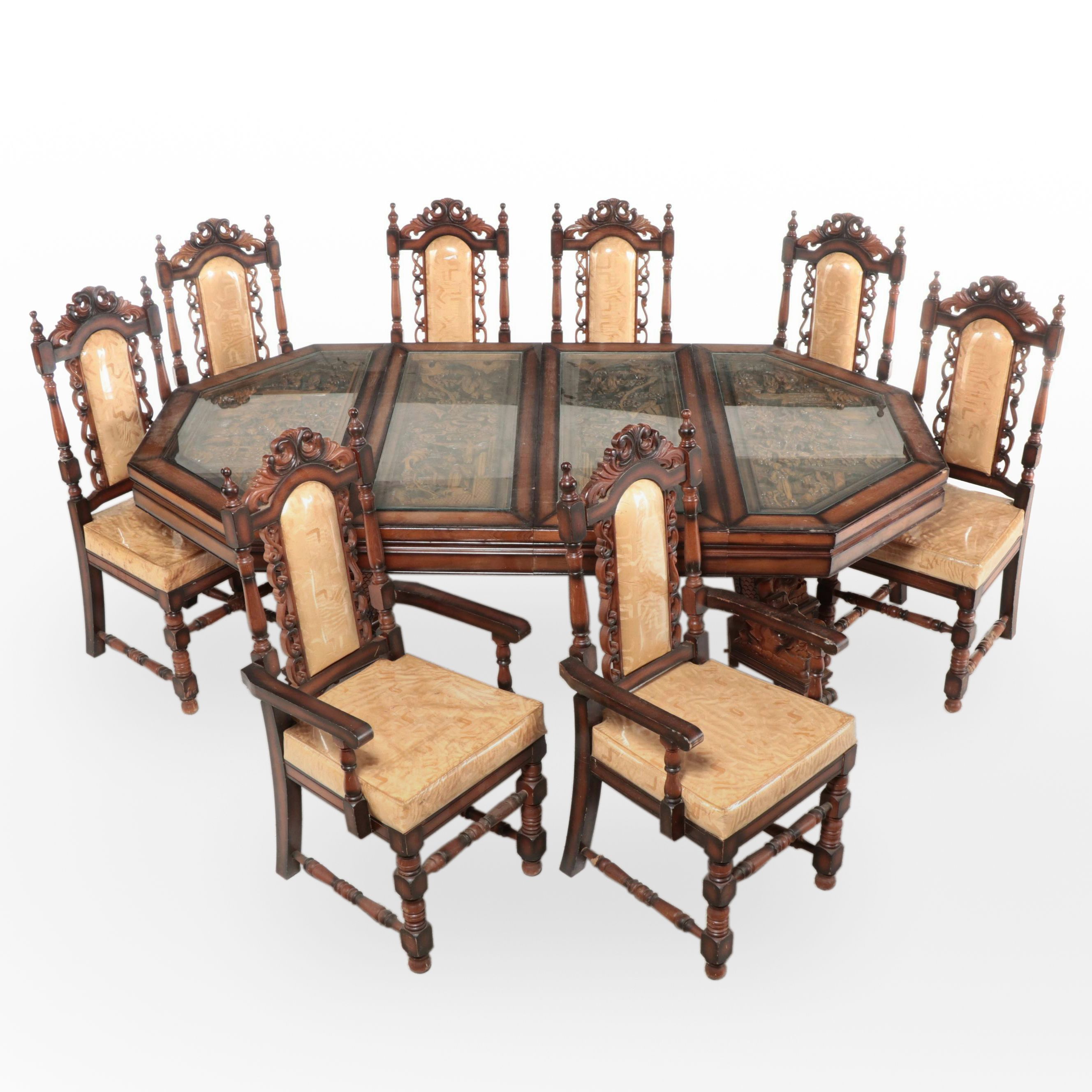 Nine Piece Chinese Carved Wooden Dining Set