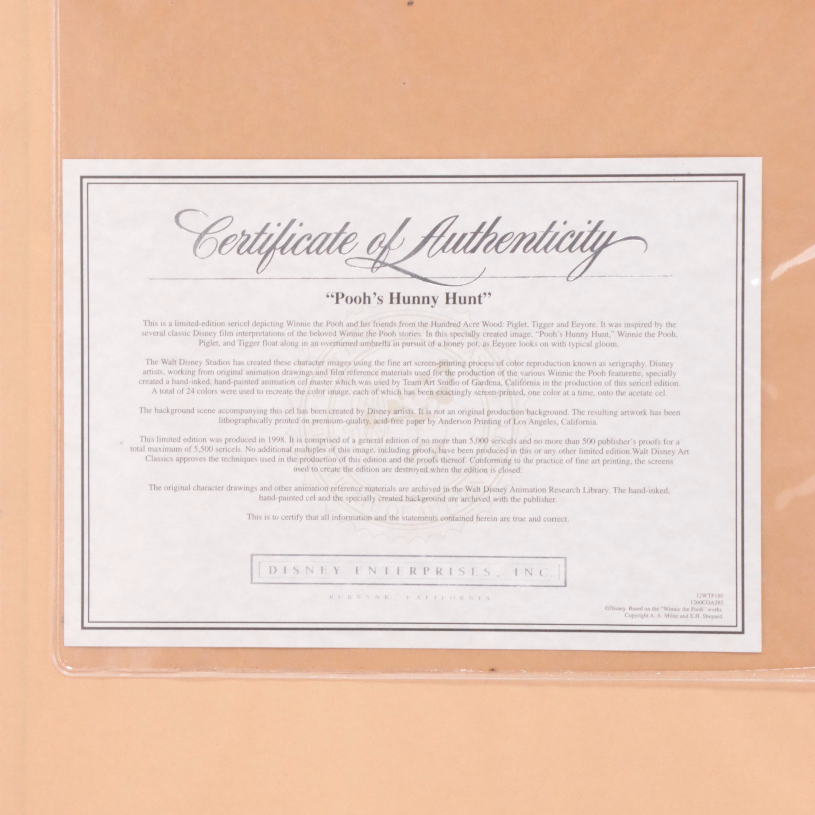 Disney Winnie the Pooh Sericel "Pooh's Hunny Hunt," 1998