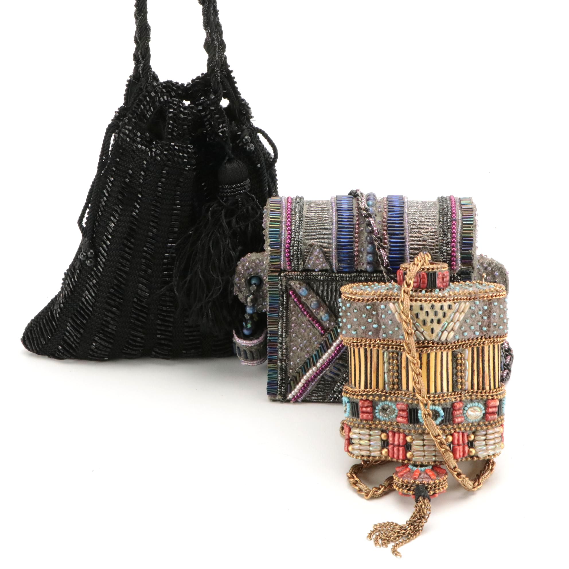 Mary Frances Beaded Papier-Mâché Box Purses and Other Drawstring Tassel Bag