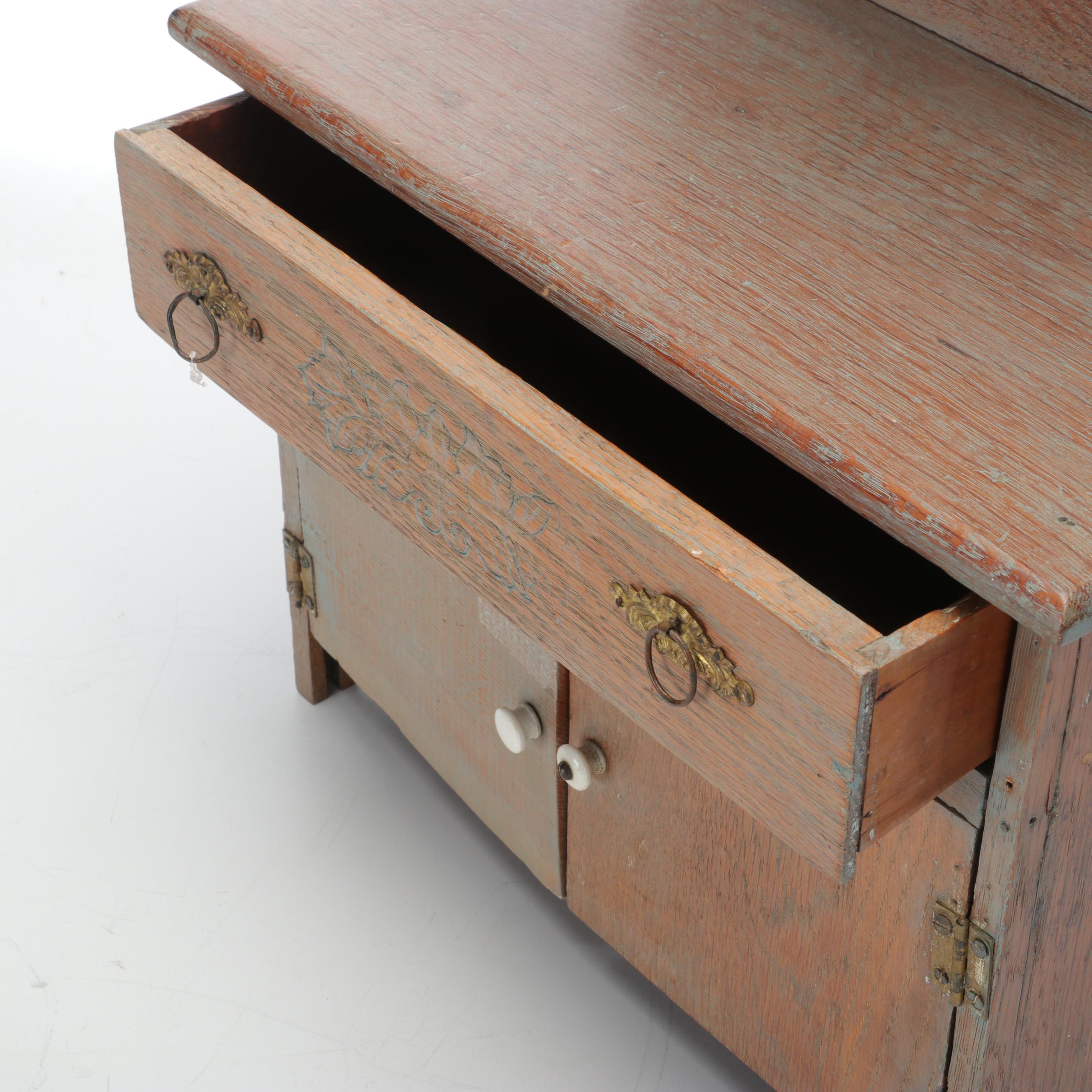 Wood Doll Sized Mirror Side Cabinet with Metal Chest, Doll Stove, and Pot