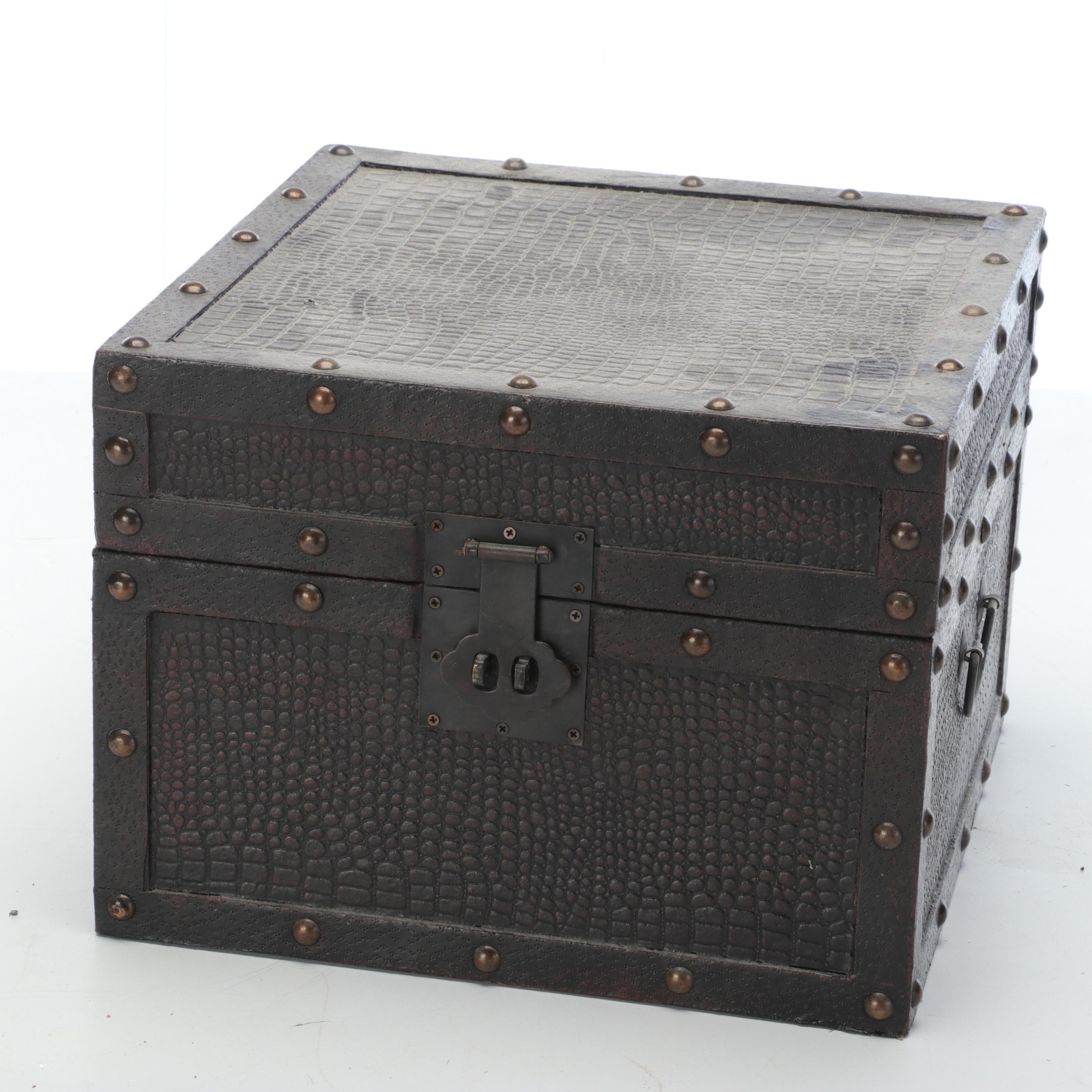 Wood Doll Sized Mirror Side Cabinet with Metal Chest, Doll Stove, and Pot