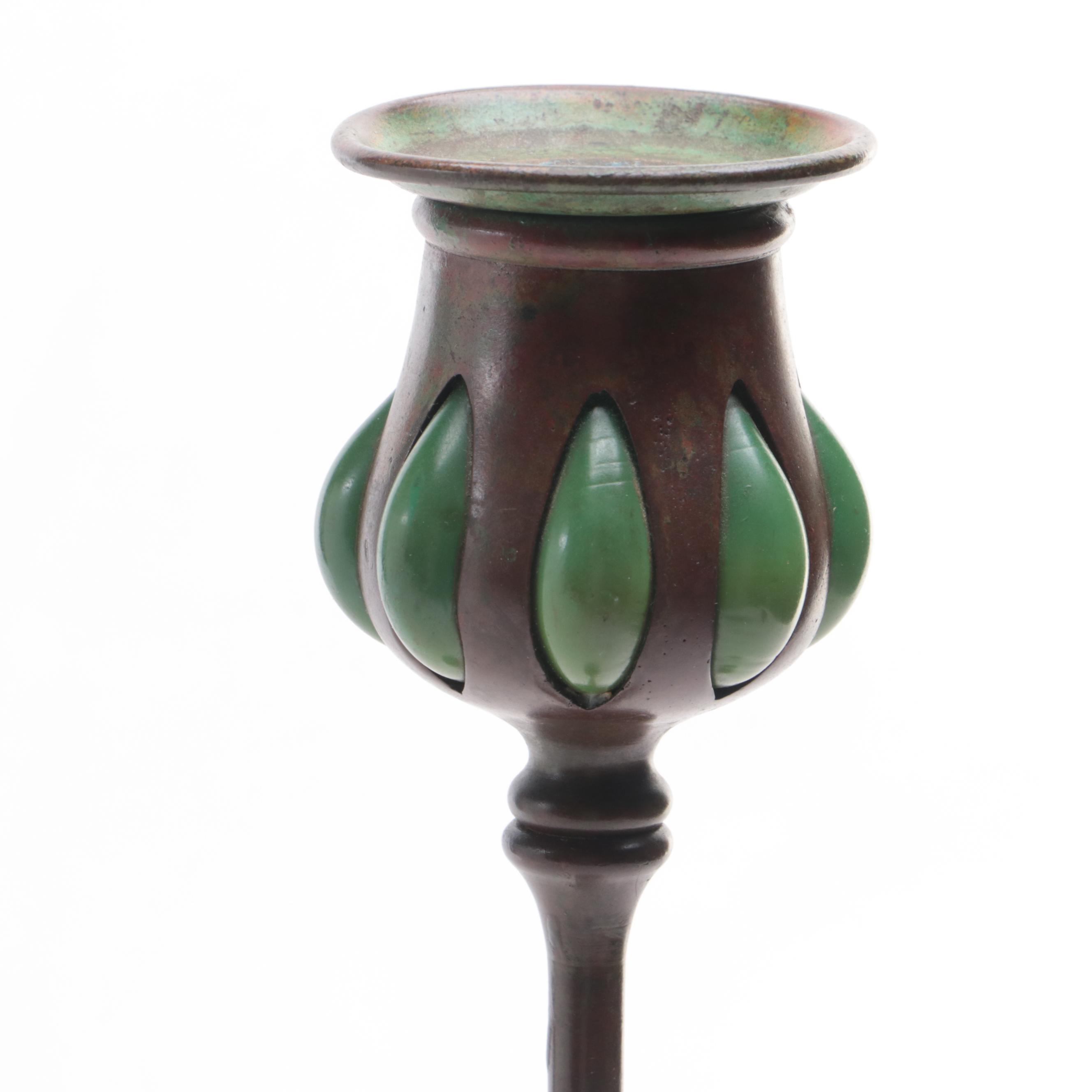 Tiffany Studios Arts & Crafts Style Bronze and Green Glass Candlestick, Antique