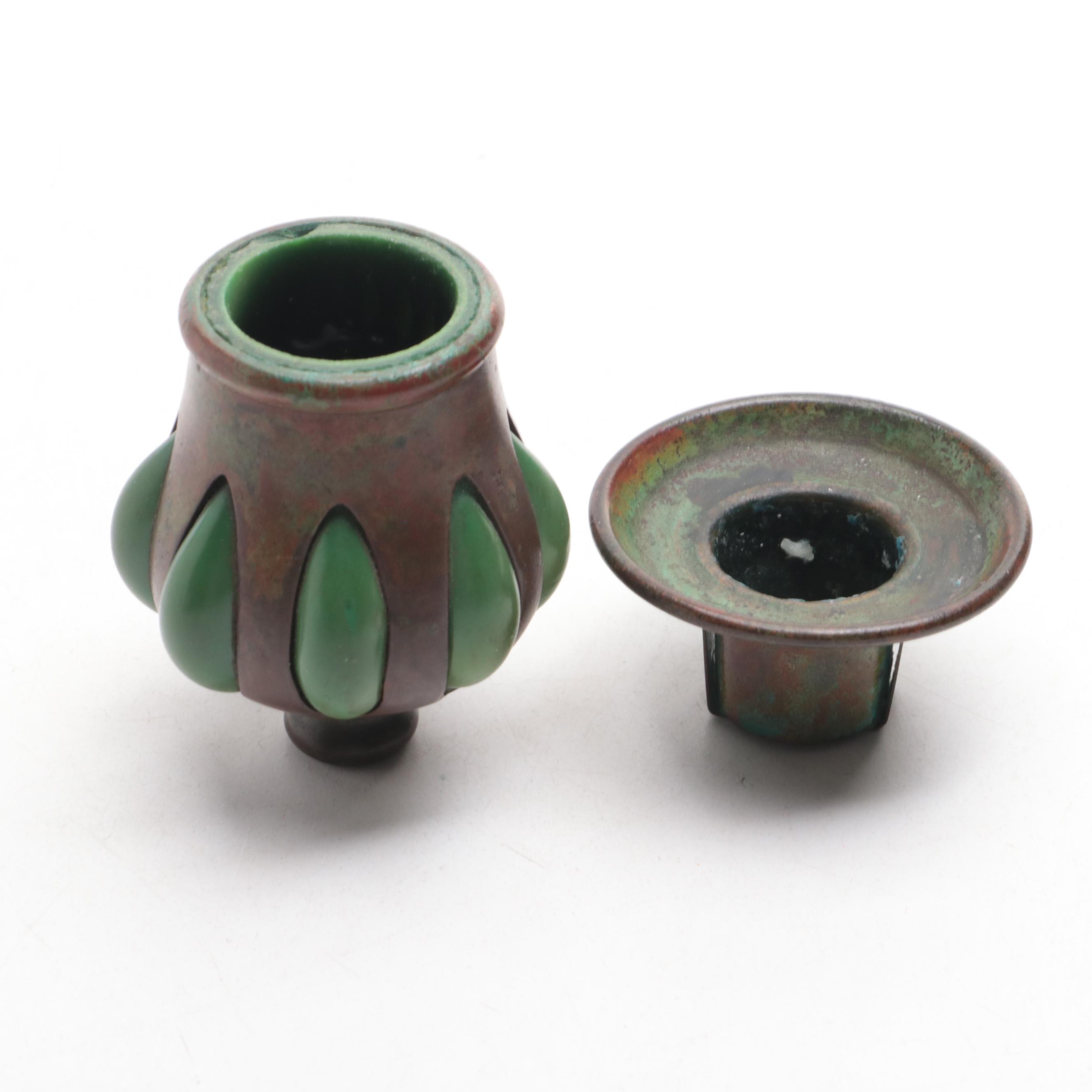 Tiffany Studios Arts & Crafts Style Bronze and Green Glass Candlestick, Antique