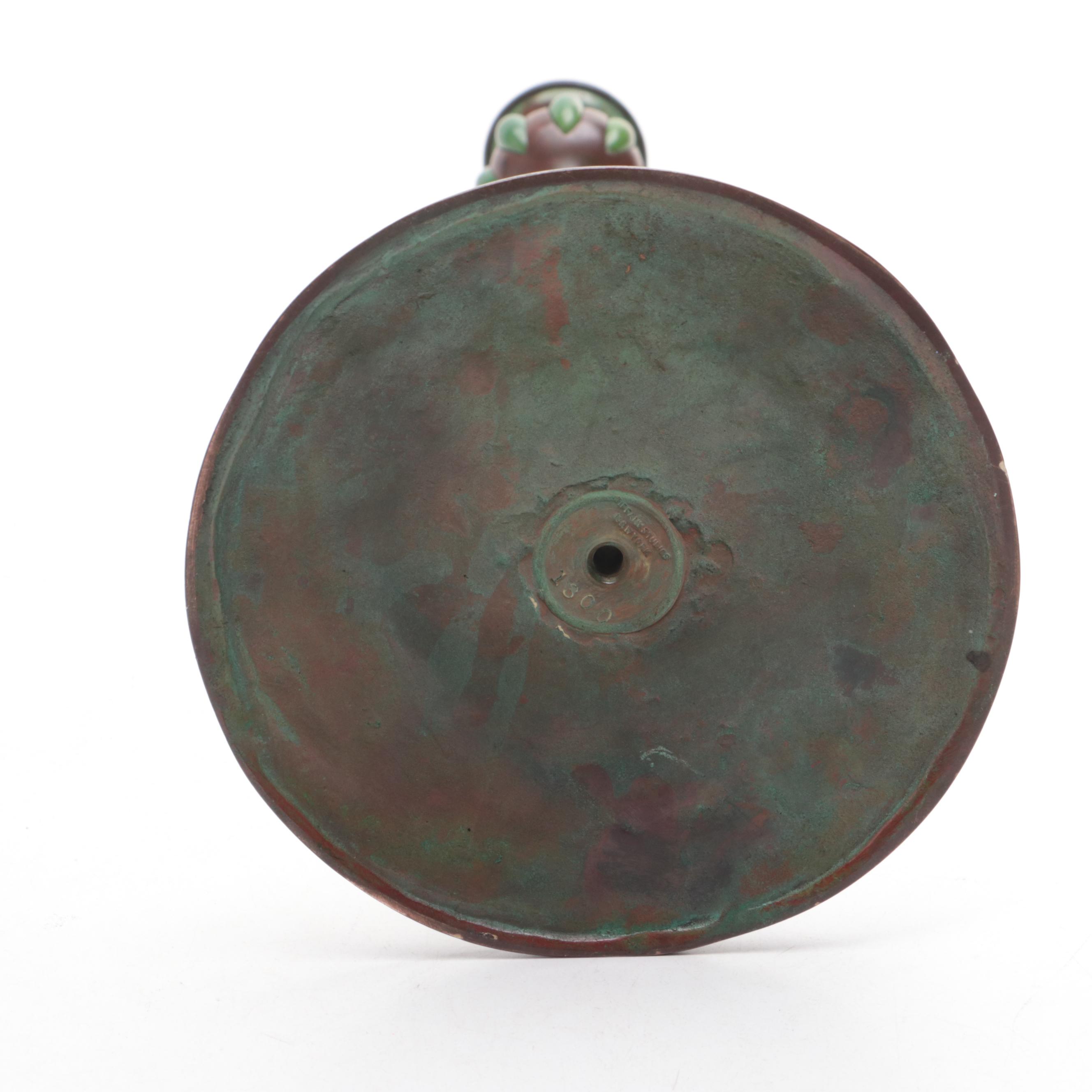 Tiffany Studios Arts & Crafts Style Bronze and Green Glass Candlestick, Antique