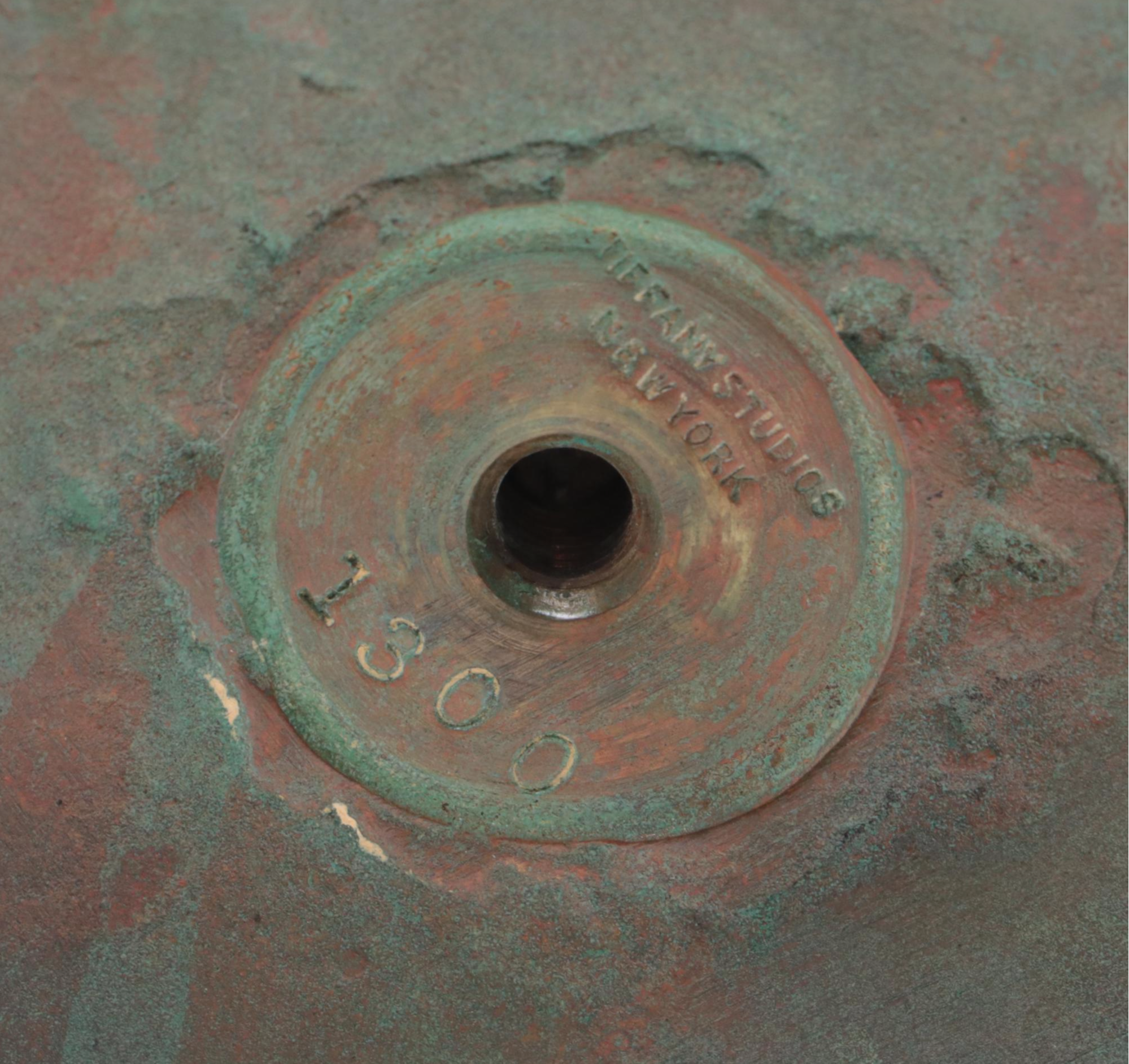 Tiffany Studios Arts & Crafts Style Bronze and Green Glass Candlestick, Antique